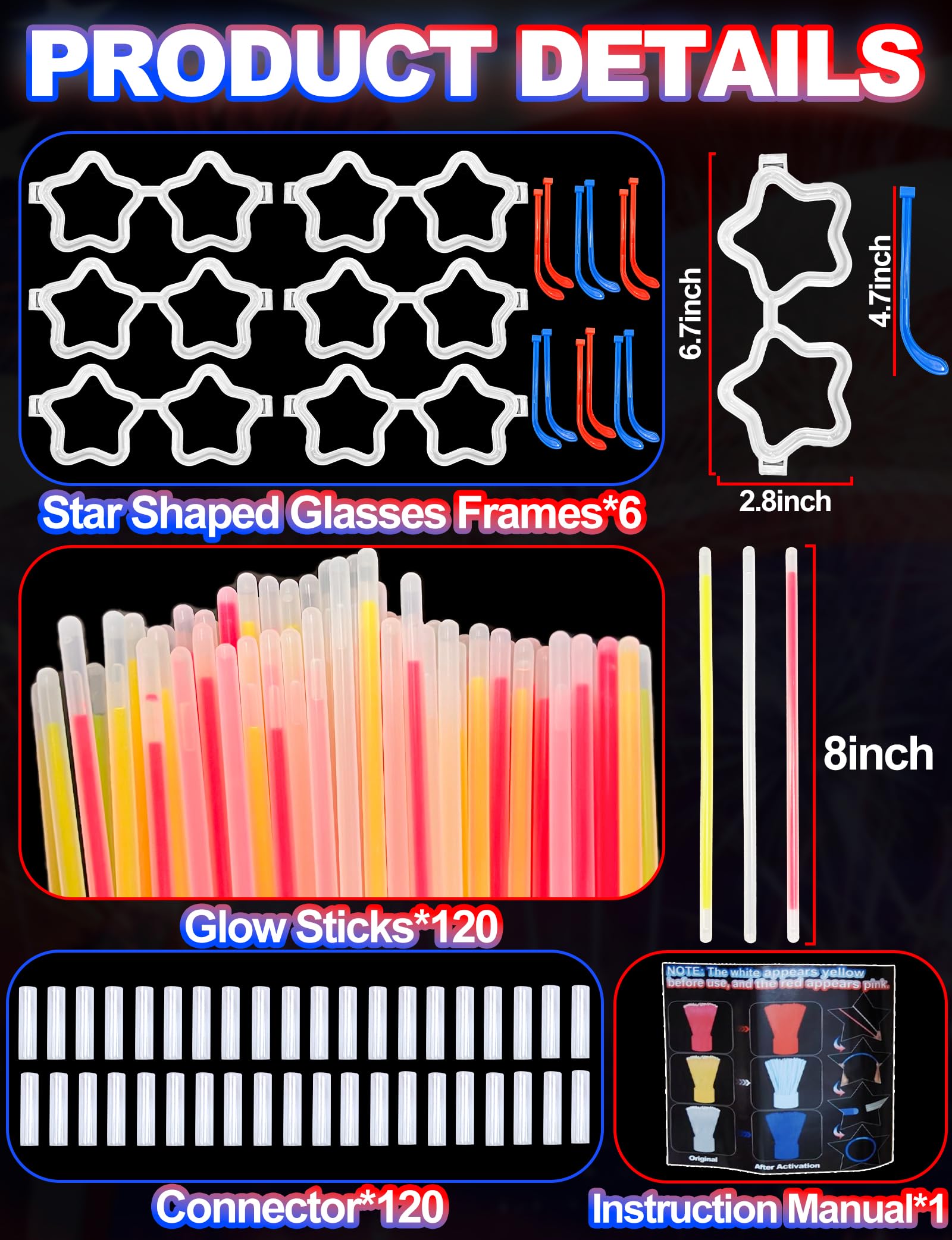 126 PCS 4th of July Glow Sticks Bracelets Necklaces Glasses with Connectors,Glow in The Dark Party Supplies, Light Up Party Favors for Kids Adults, Blue White Red LED Accessories for Independence Day