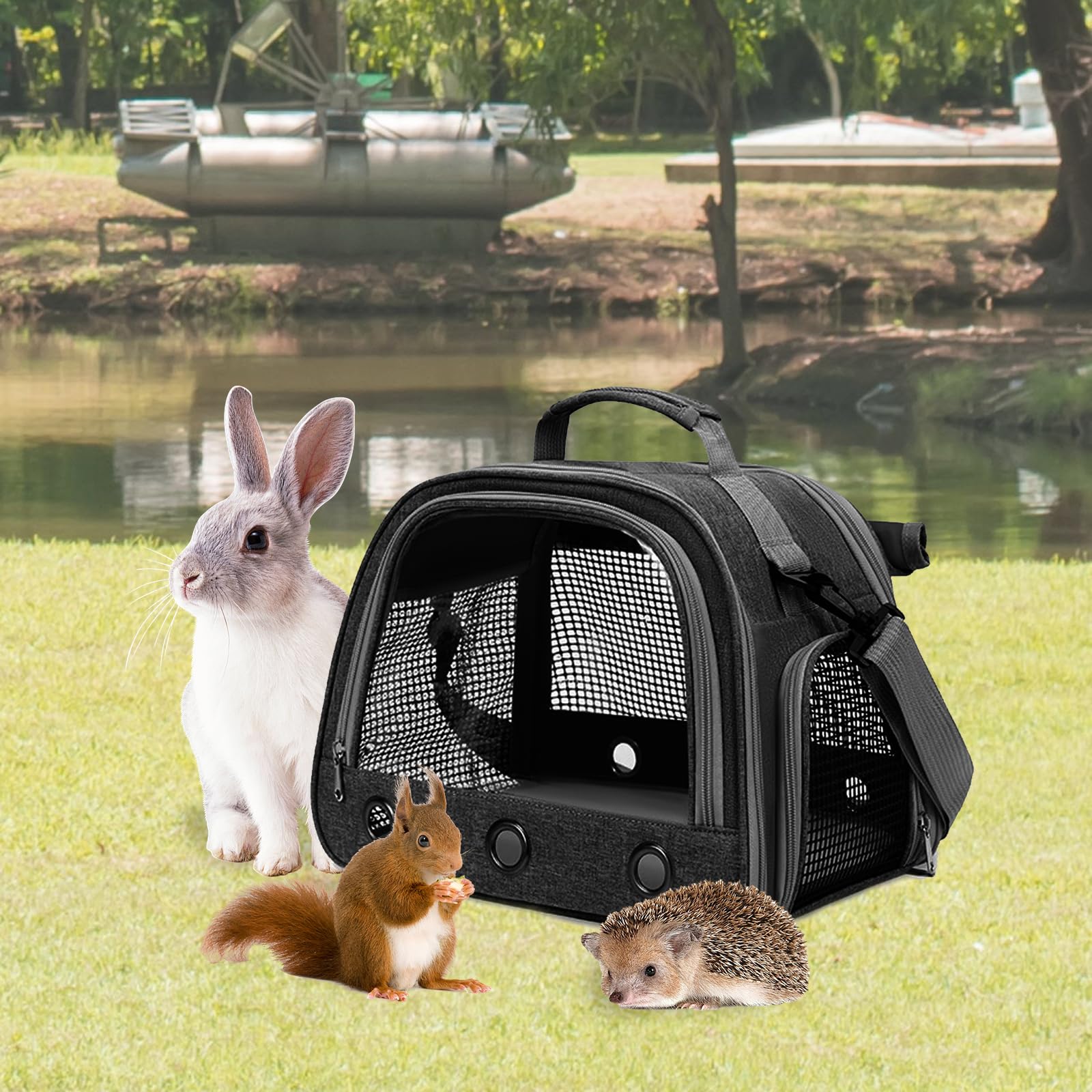 Bolsa de Transporte de Animales pequeños, 35 * 25 * 23cm Bolsa de Viaje saliente para Mascotas, Portador de Conejillos de Indias portátil con Malla Transpirable para pájaro, Rata,Negro