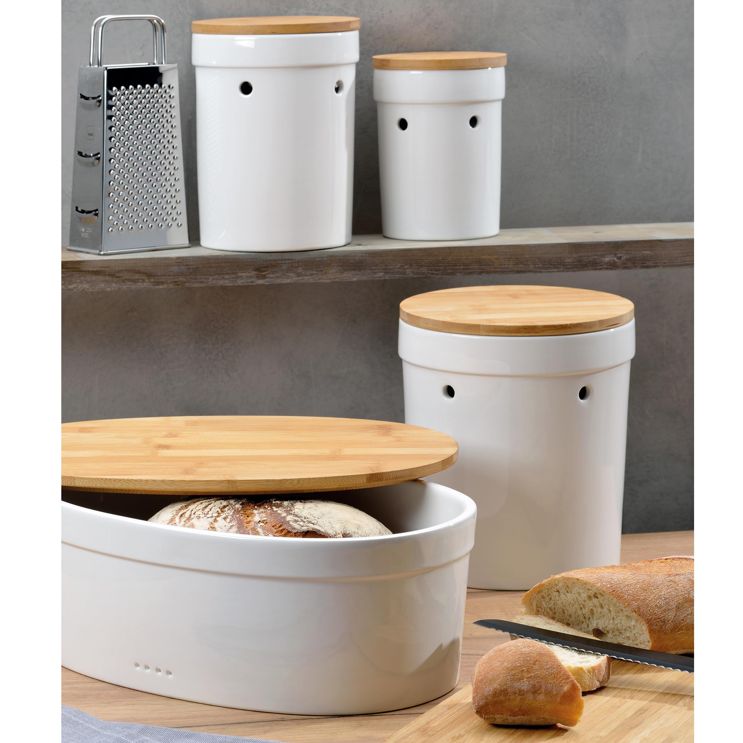 kela Keramik Brotkasten mit Lüftungslöcher 36,5x23,5x14cm, Brotbox Keramik, SALENA, Brottopf weiß