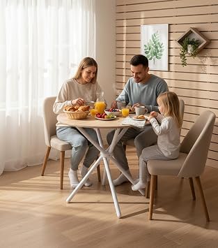 FurnitureR Round Dining Table,80x80cm Modern Style, Metal Frame with Chopstick Designed Leg,Wooden Top,Oak White