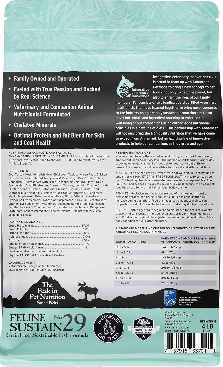 Annamaet Grain-Free Feline Sustain No. 29 Formula Dry Cat Food, (Line-Caught Cod & Free-Range Turkey), 4-lb Bag, Brown