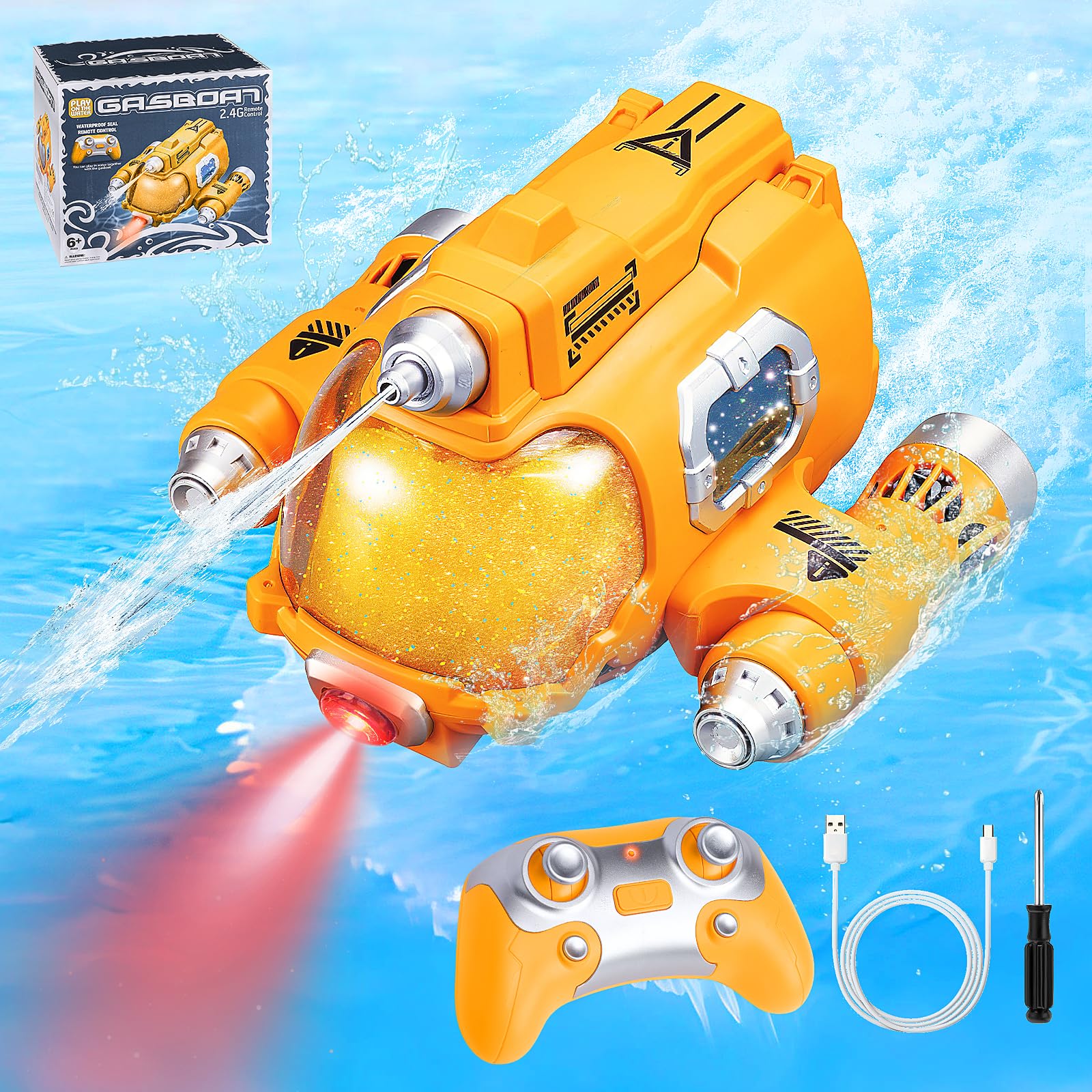 RC Boat Toy for Boy Girl, 2.4GHZ Rechargeable Remote Control Motorboat with Spray Water/Light Double Propellers Remote Control Submarine Swimming Pool Toy for Kid Adult Pool Lake (yellow)