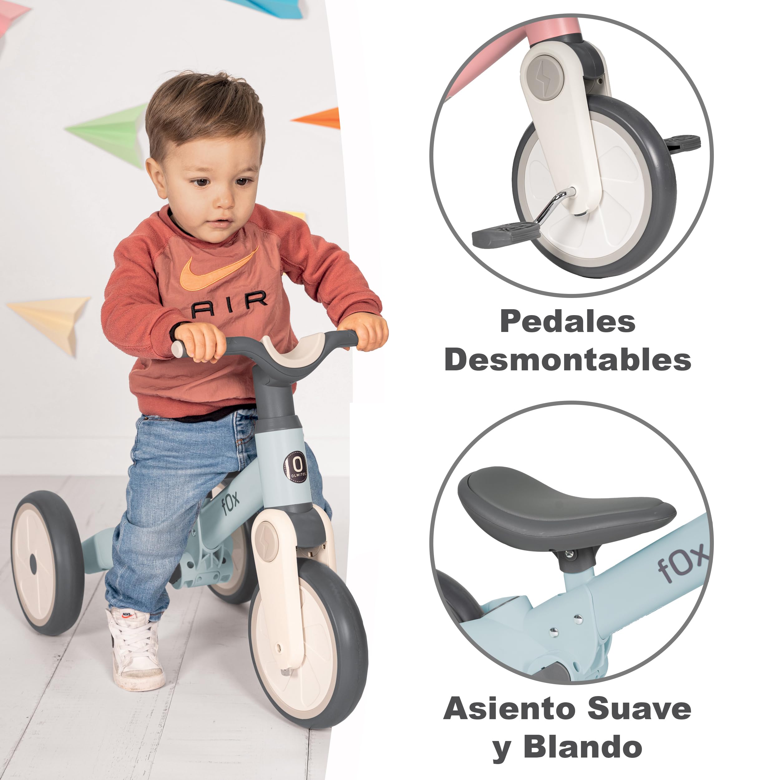 Triciclo Evolutivo Fox 5 En 1 De Olmitos – Bici De Equilibrio Y Pedales Para Bebés De 18 Meses A 3 Años, Con Barra De Empuje Ajustable Y Seguridad Antivuelco, Azul