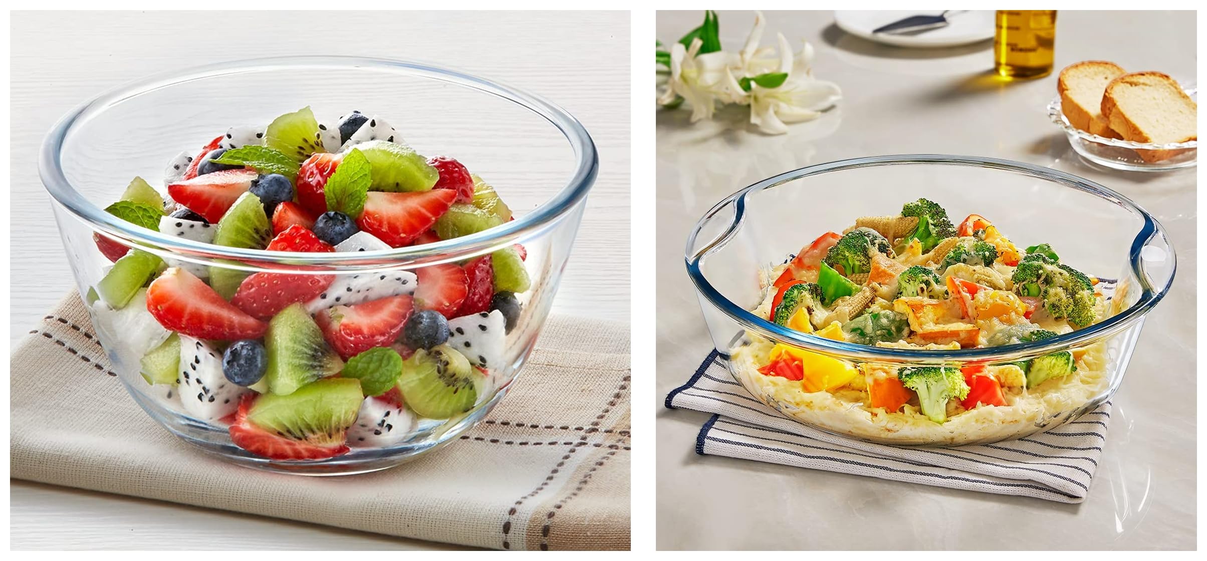 Borosil Glass Mixing & Serving Bowls, Oven & Microwave Safe Bowl, 2.5 L, Borosilicate Glass, Clear & Borosil Round Glass Baking Dish, 2.5 L, Microwave Safe & Oven Safe, Transparent, 1 Piece