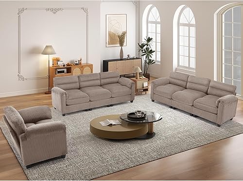 Miniatura 46 de Juego de sofá de pana, otomana tapizada, sofá de dos plazas y sofá de 3 plazas con cojines mullidos y brazos redondeados, juegos de muebles modernos