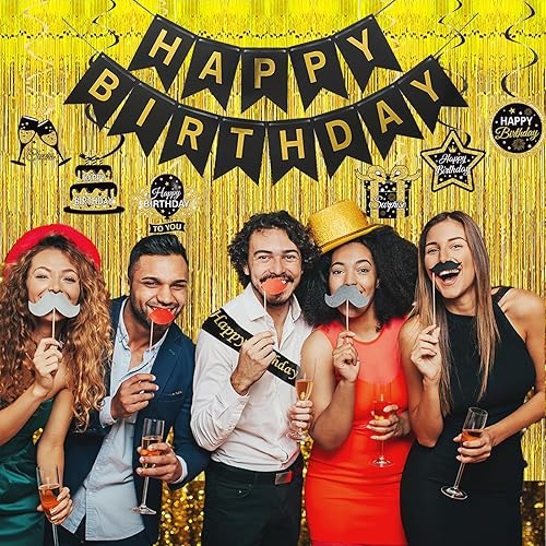 Miniatura 7 de Decoraciones de cumpleaños en negro y dorado para hombres y mujeres, decoraciones de fiesta en negro y dorado, incluyen coronas colgantes de