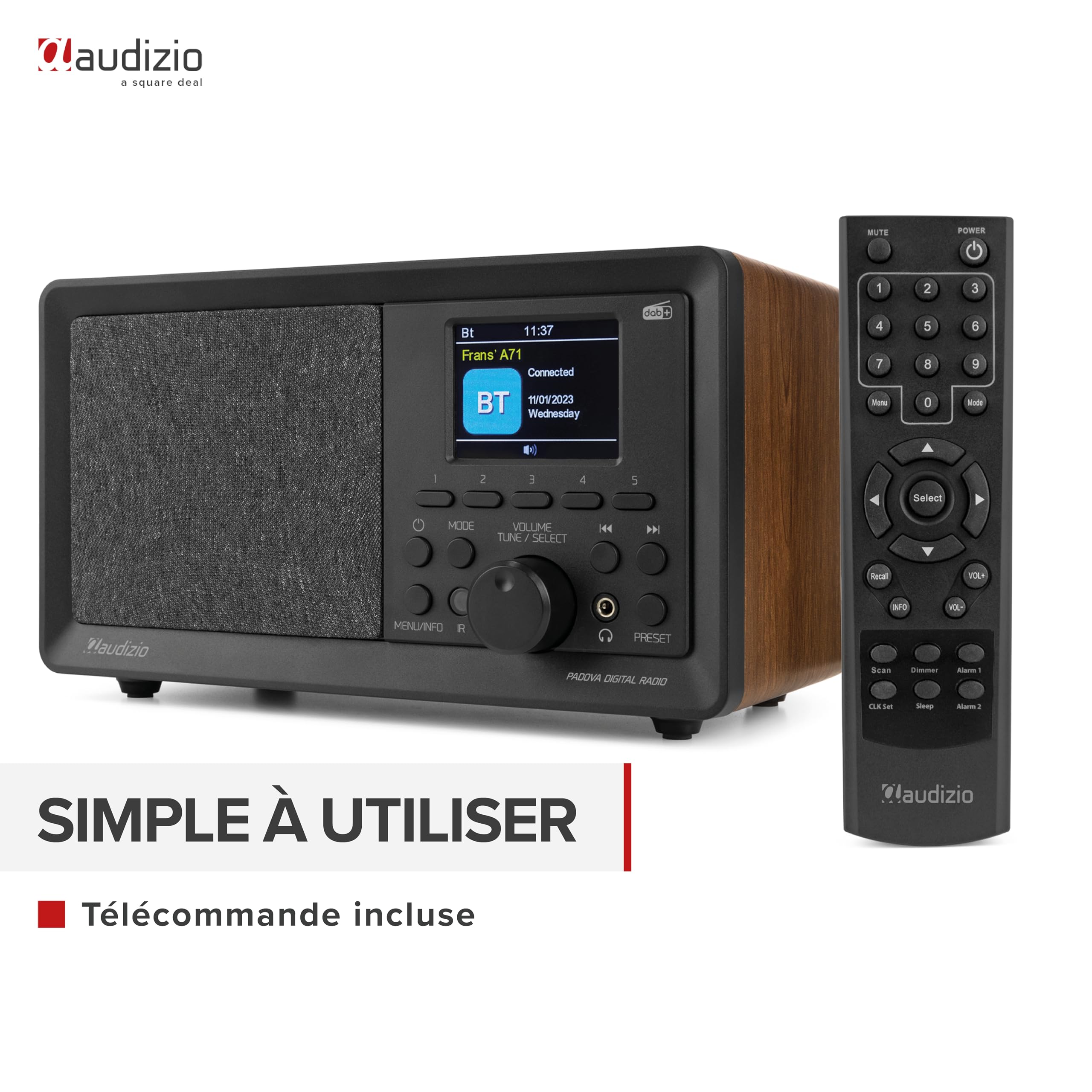 Audizio Padova Radio Dab+ avec Bluetooth - Bois, avec Fonction Réveil, Haut-Parleur Intégré, Lecteur MP3, Stations Pré-Réglables, Idéale pour Écouter Vos Radios Préférées Partout