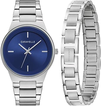 Caravelle Mens Modern Stainless Steel 3-Hand Quartz Watch and Bracelet Box Set, 40mm Style 43K101