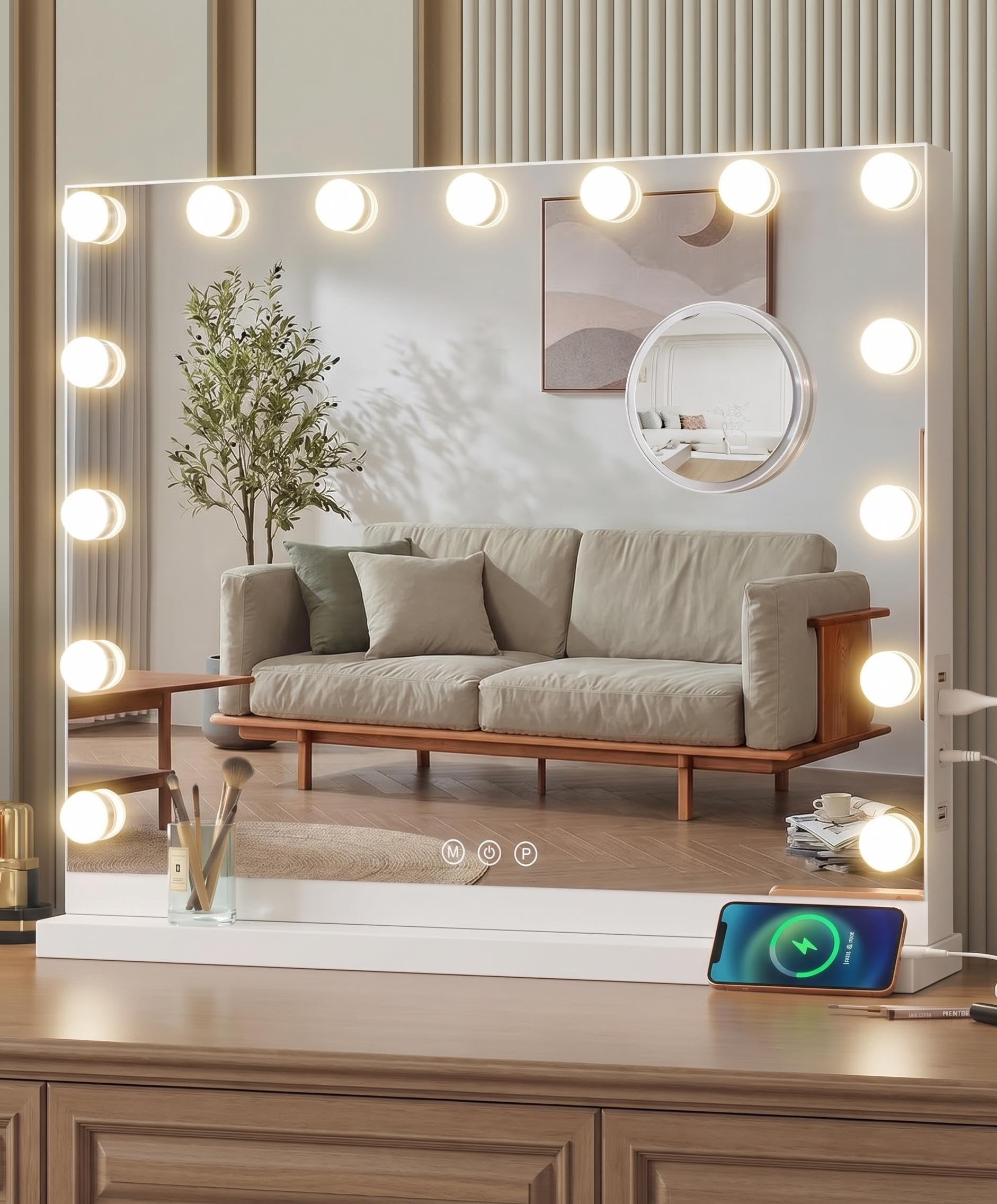 Garvee Espejo de Maquillaje con Puerto USB, Tipo c, Control táctil, Espejo Hollywood con iluminación, 15 LED Espejo cosmético, Dimmables 3 Colores de luz, con Espejo de Aumento 3X, Blanco, 58 x 45 cm