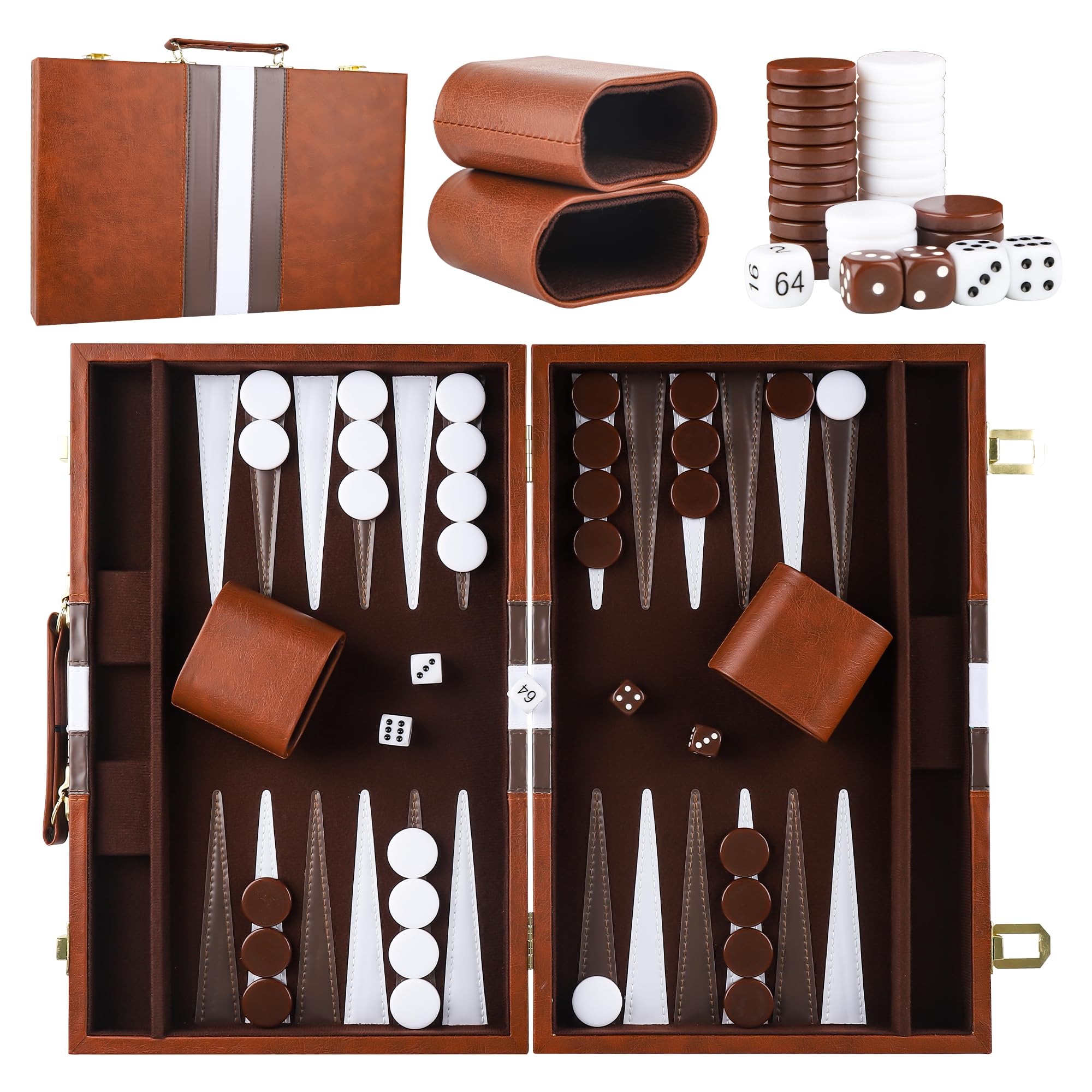 15 Inch Backgammon Set For Adults - Portable Travel Board Game With Faux Leather Case, Complete Set - View #3