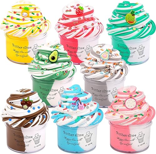 Kit de slime de fruta de mantequilla para niñas, paquete de 8, elástico y antiadherente, recuerdos de fiesta con fresa, piña, fruta del dragón,