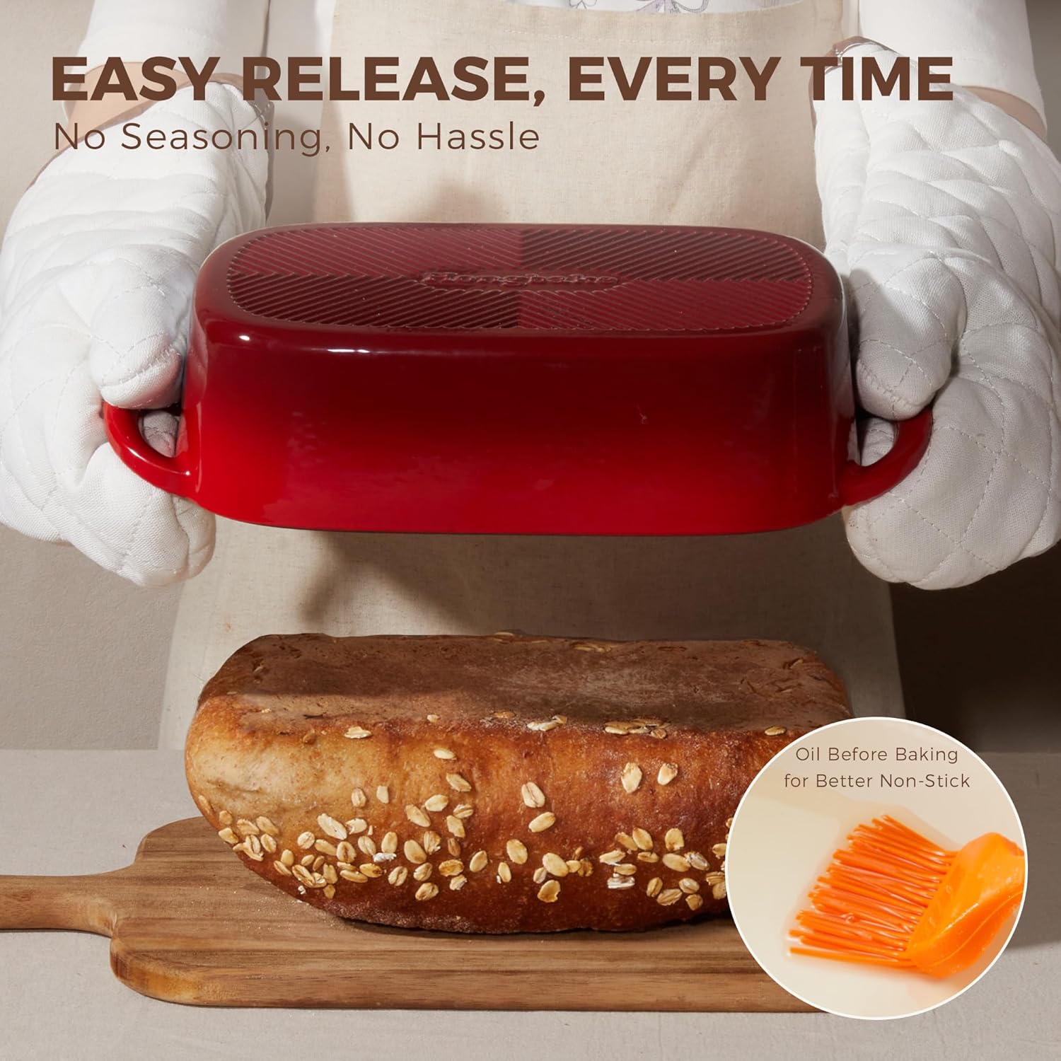HONGBAKE Everline Collection 2 in 1 Enameled Cast Iron Loaf Pan with Lid, 9x5 Bread Pans for Baking Homemade Sourdough, Non-Toxic Large Loaf Tins, Even Heating Bread Dutch Oven, Red