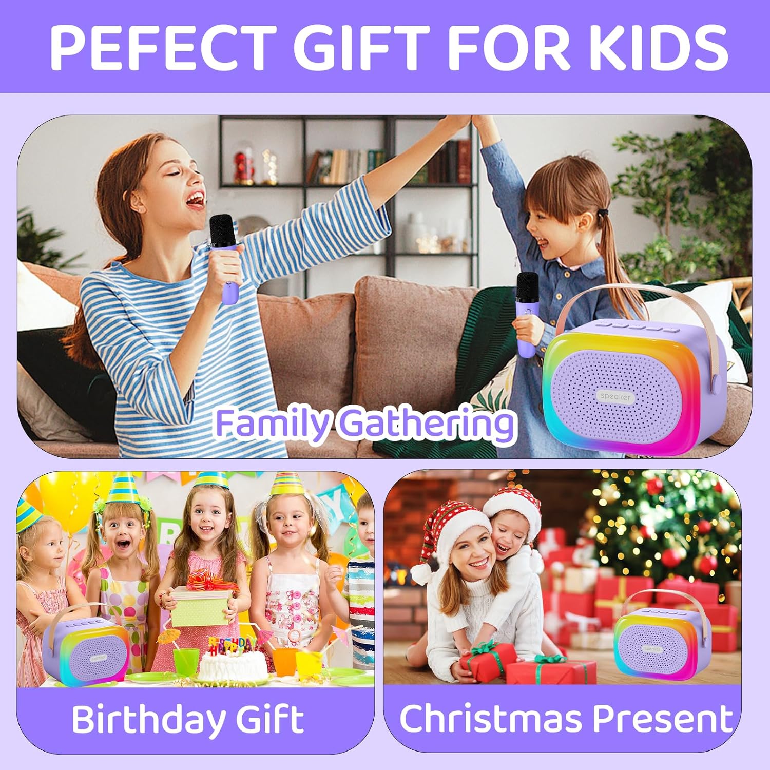 Mini Karaoke Machine for Kids Portable Karaoke Machine with 2 Bluetooth Wireless Microphones and LED Color Lights, Christmas Birthday Gifts Toys for Girls Boys 3-12 +Year Old(Purple) - Image 6