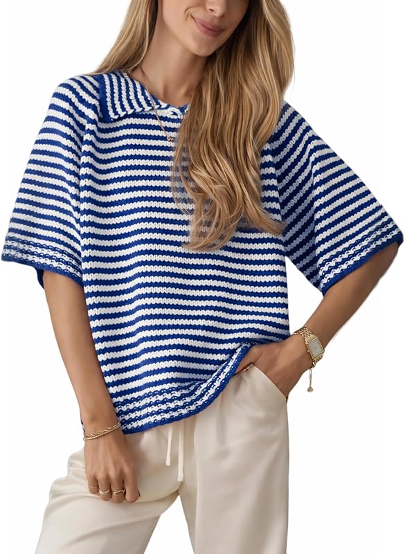 Yeokou Women's Oversized Striped Sweater Turn-Down Collar Short Sleeve Wave Texture Soft Casual Daily Loose Fit Knit Shirt