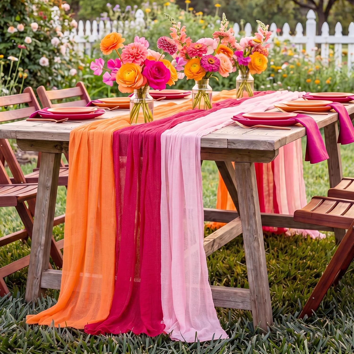 6pcs Pink Orange Sunset Soiree Party Decorations Table Runner | 118" Textured Runners for Summer Tequila Party Wedding Birthday, Rustic Boho Decor, Pink Orange Yellow Gradient Seersucker