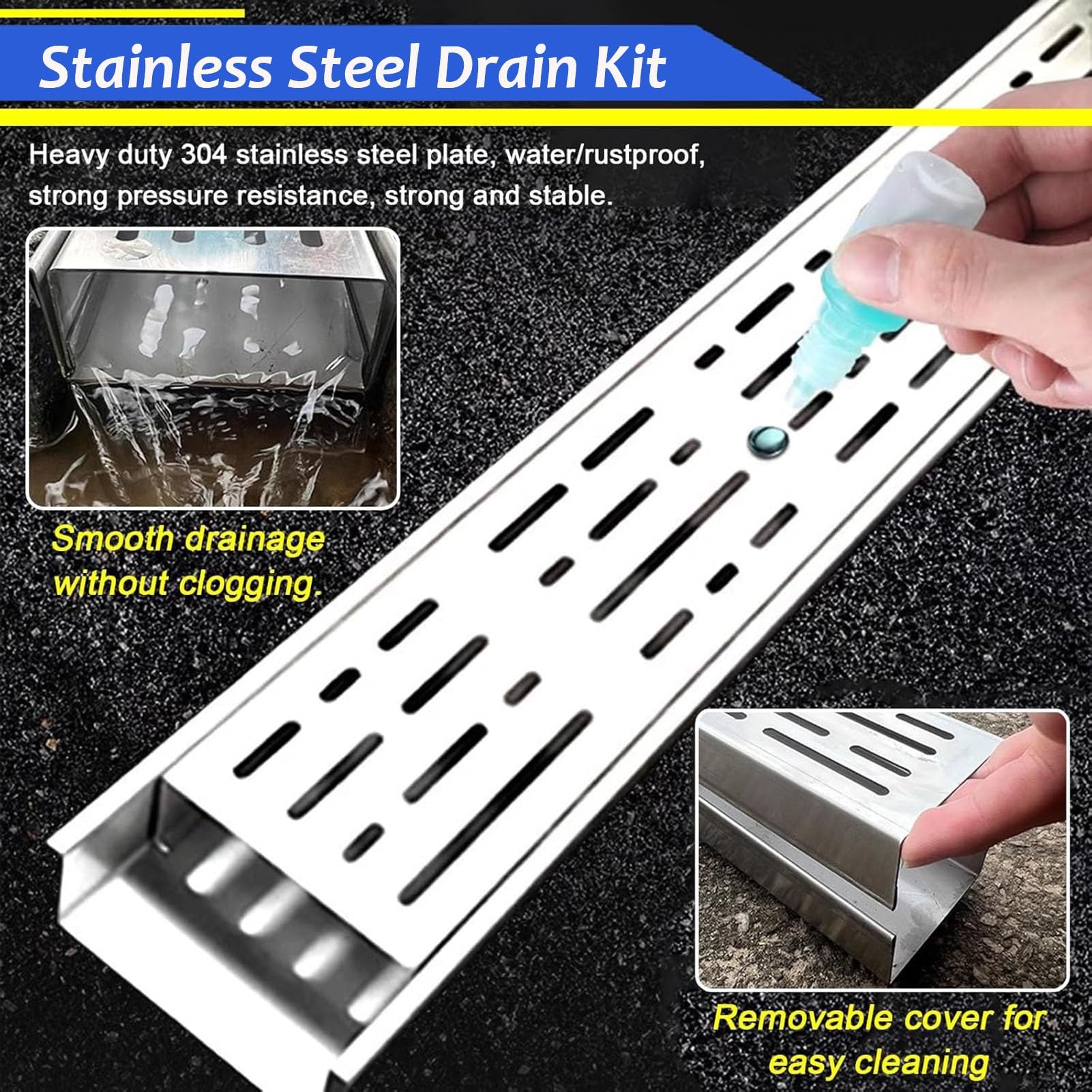 Trench Drain Zestaw Odpływów Kanałowych Ze Stali Nierdzewnej, 2-pak, System Odwadniania Podwórka/patio/podjazdu Do Budynków Mieszkalnych I Komercyjnych, Długość 39,4"(Black,8x5cm/3.2x2in)
