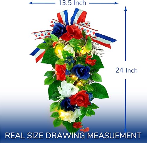 Miniatura 4 de YULETIME Botín decorativo de lágrima de 24 pulgadas, funciona con pilas, guirnalda temática patriótica con luces de hadas, rosas rojas, blancas y