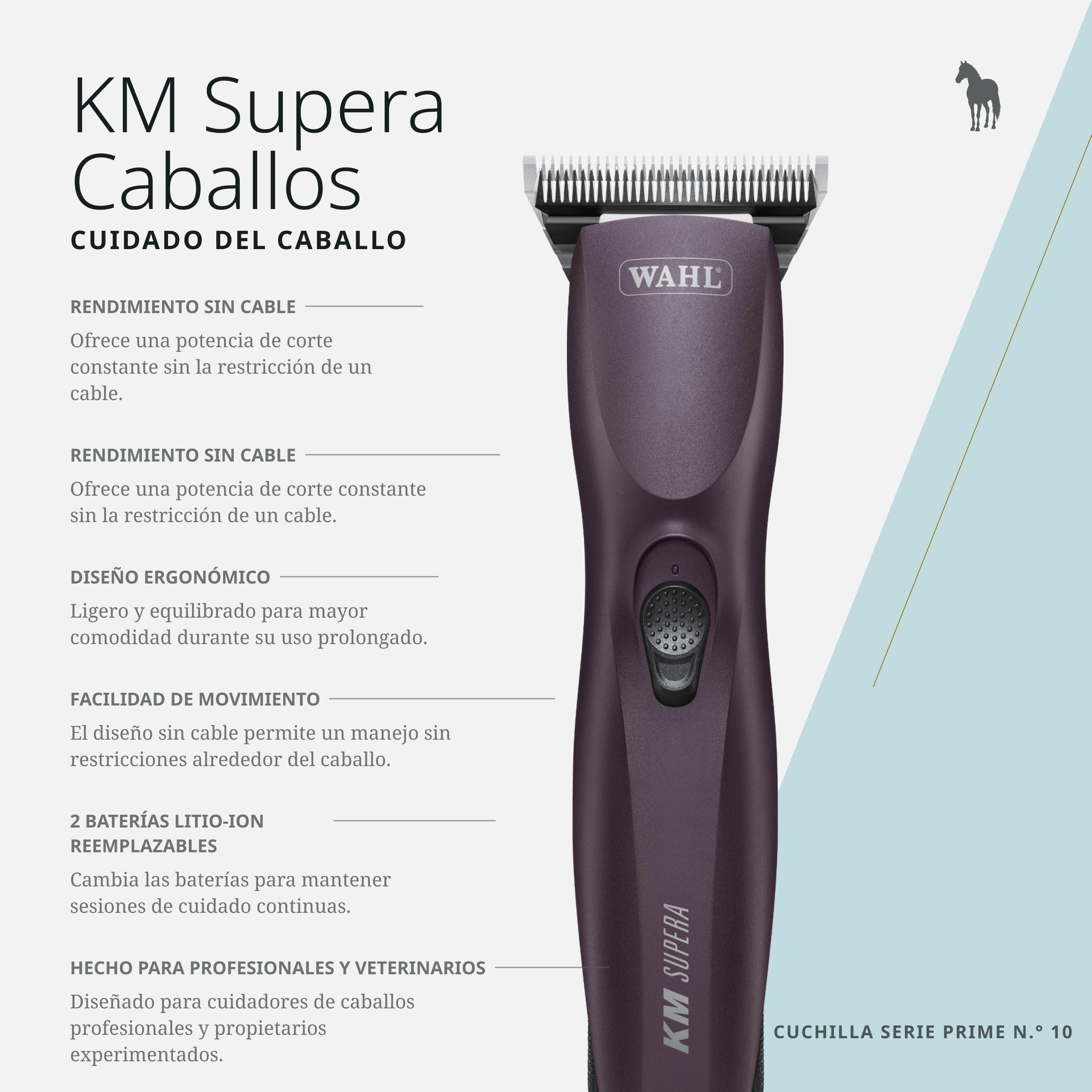 Wahl KM Supera, Cortapelos Inalámbrico para Caballos, Silencioso | Cortapelos Inalámbrico para Caballos, 2 Baterías Intercambiables, 3000 y 3700 RPM, Silencioso 68 dB, Cuchilla Ancha #10W