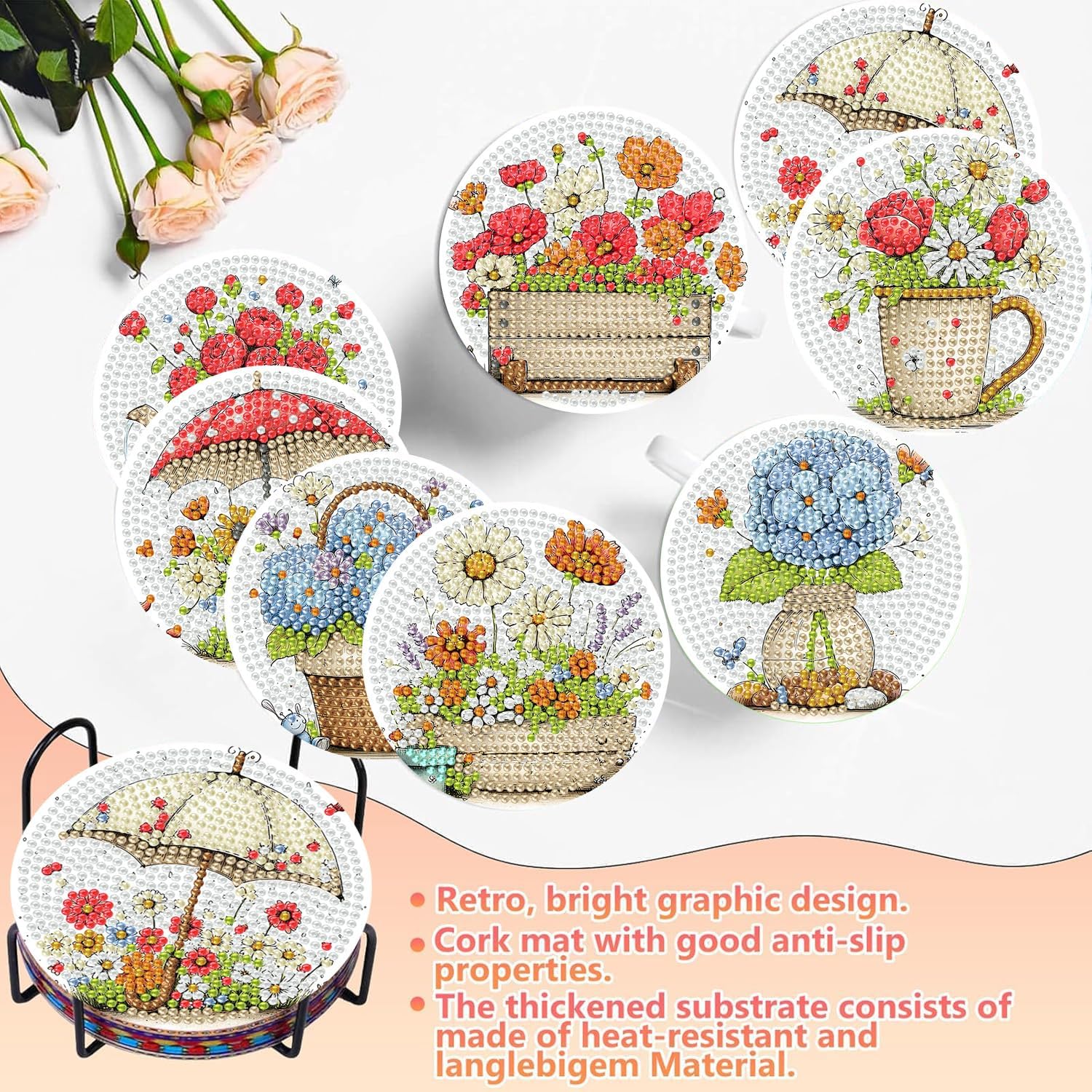 8 PCS Spring Flowers Diamond Art Coasters Kits Plant Diamond Painting Coaster Kits Diamond Coasters with Holder Cork Pads Gem Art Dots Paintings Crafts Supplies for Adults Beginners