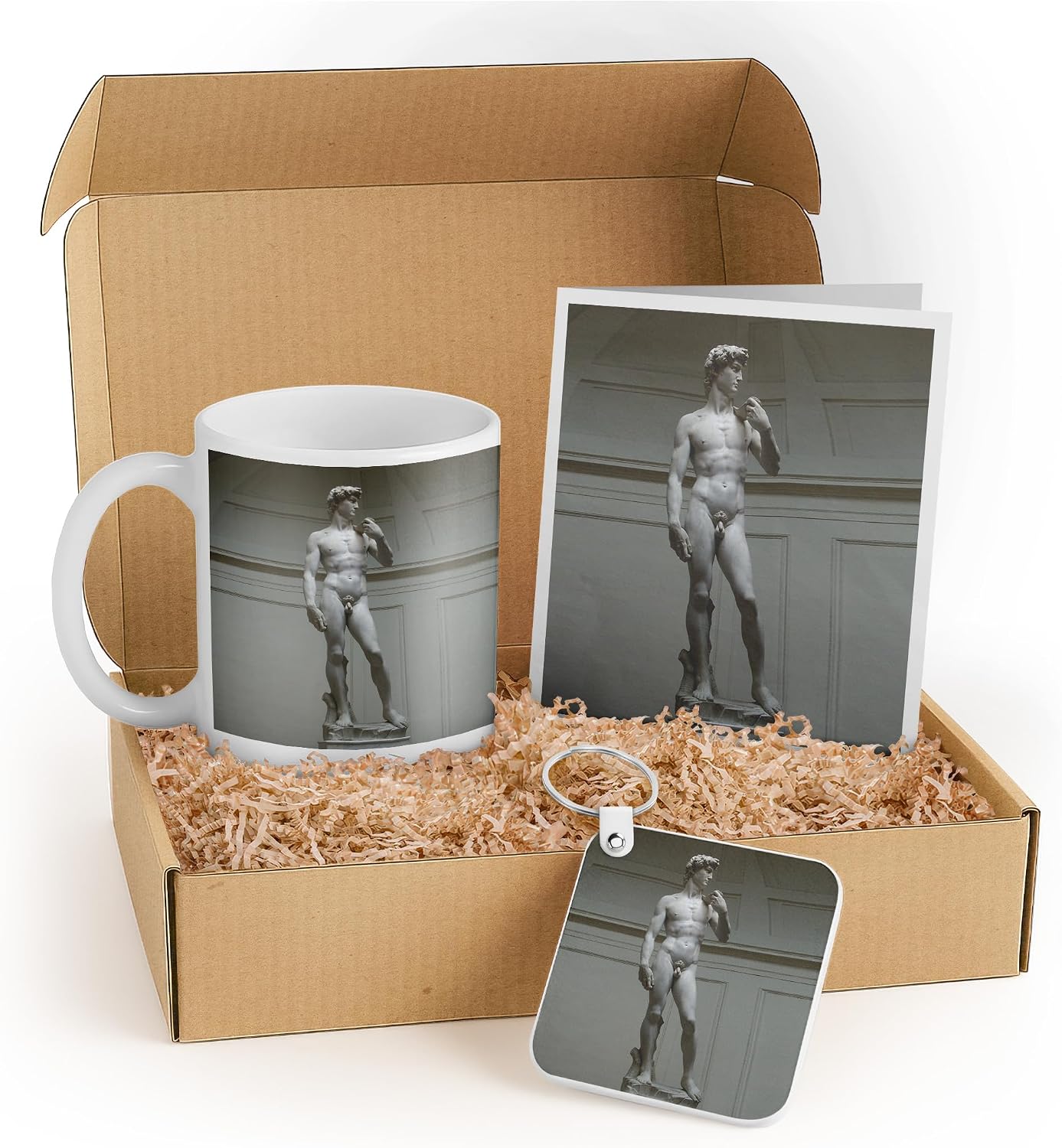 3dRose Michelangelo David Statue Gift Set – Includes Mug, Keychain, and Card – Perfect for Art Lovers, Housewarming, or Graduation