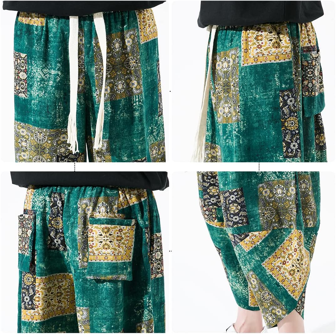 DOSLAVIDA Men's Casual Elastic Waist Linen Capri Pants Wide Leg Baggy Cotton Harem Yoga Trousers Loose Patchwork Short - Image 7