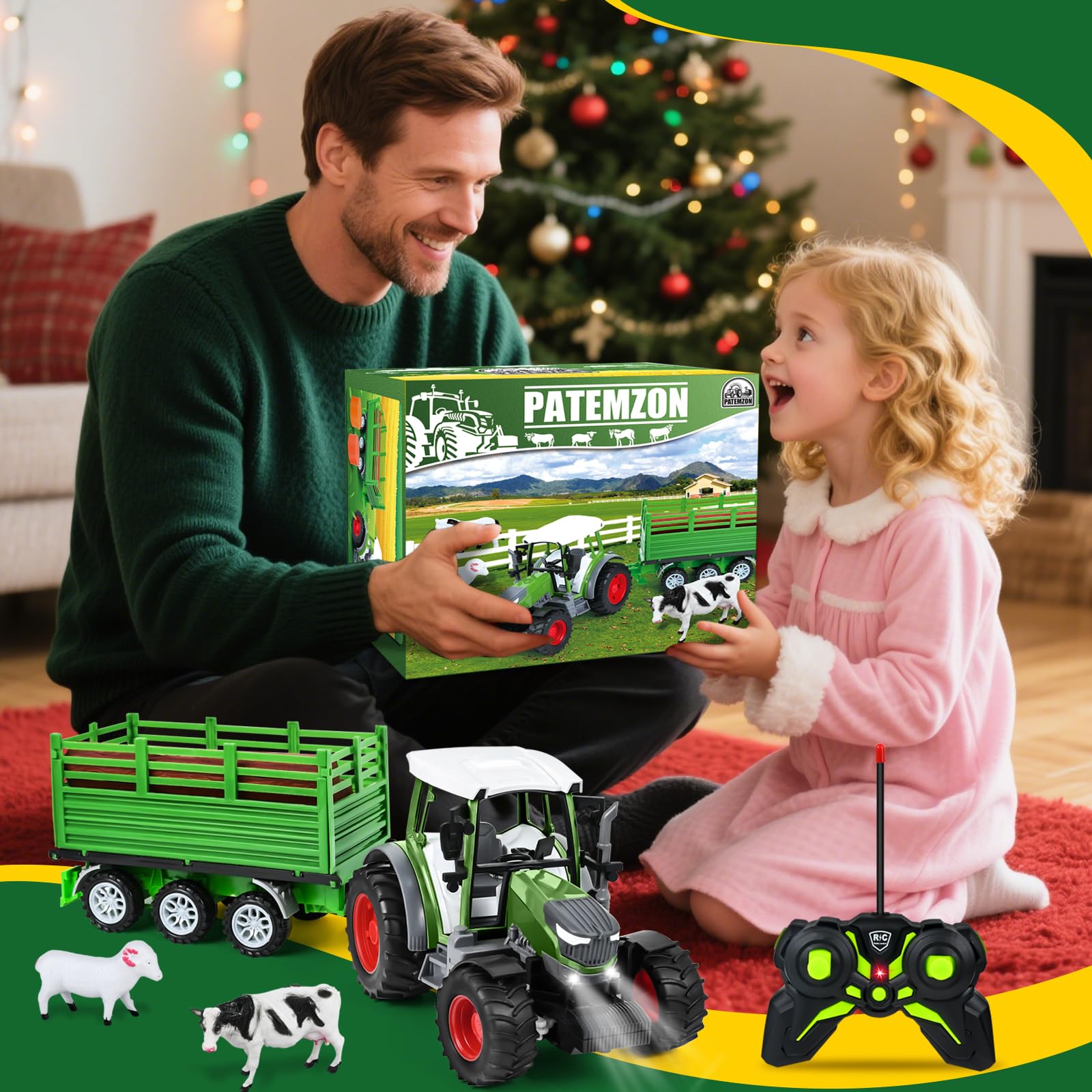 PATEMZON RC Trattore Telecomandato per Bambini, Trattore Agricolo con Aratro e Luce, Set di Trattore Radiocomandato con Rimorchio Giocattolo, Mucca, Pecora, Troncs d'Arbre e Balle, Verde
