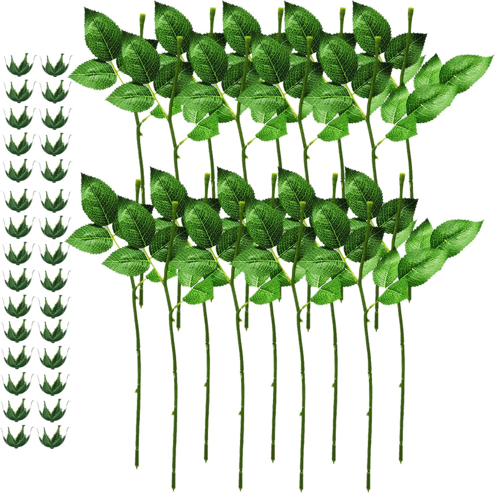 tyoungg 30 Artificial Rose Stems Plus 30 Calyxes Sepals Flower Accessory for DIY Preserved Flower Cash Flower Crochet Flowers Arrangement