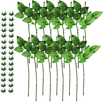 TYOUNGG 30 Artificial Rose Stems Plus 30 Calyxes Sepals Flower Accessory for DIY Preserved Flower Cash Flower Crochet Flowers Arrangement