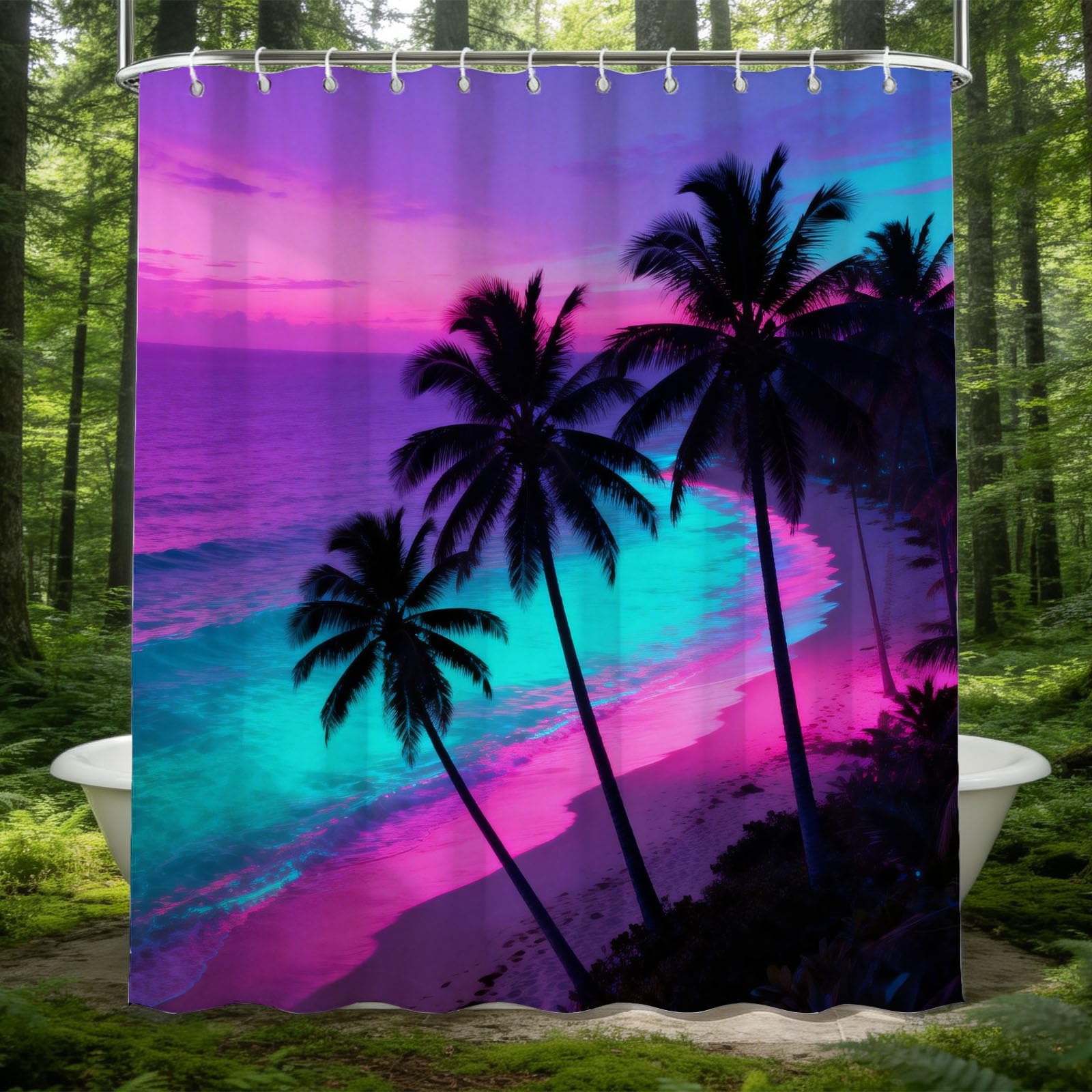 Rideau de Douche 200x200 Côte Tropicale en Polyester Marine avec Anneaux de Fixation