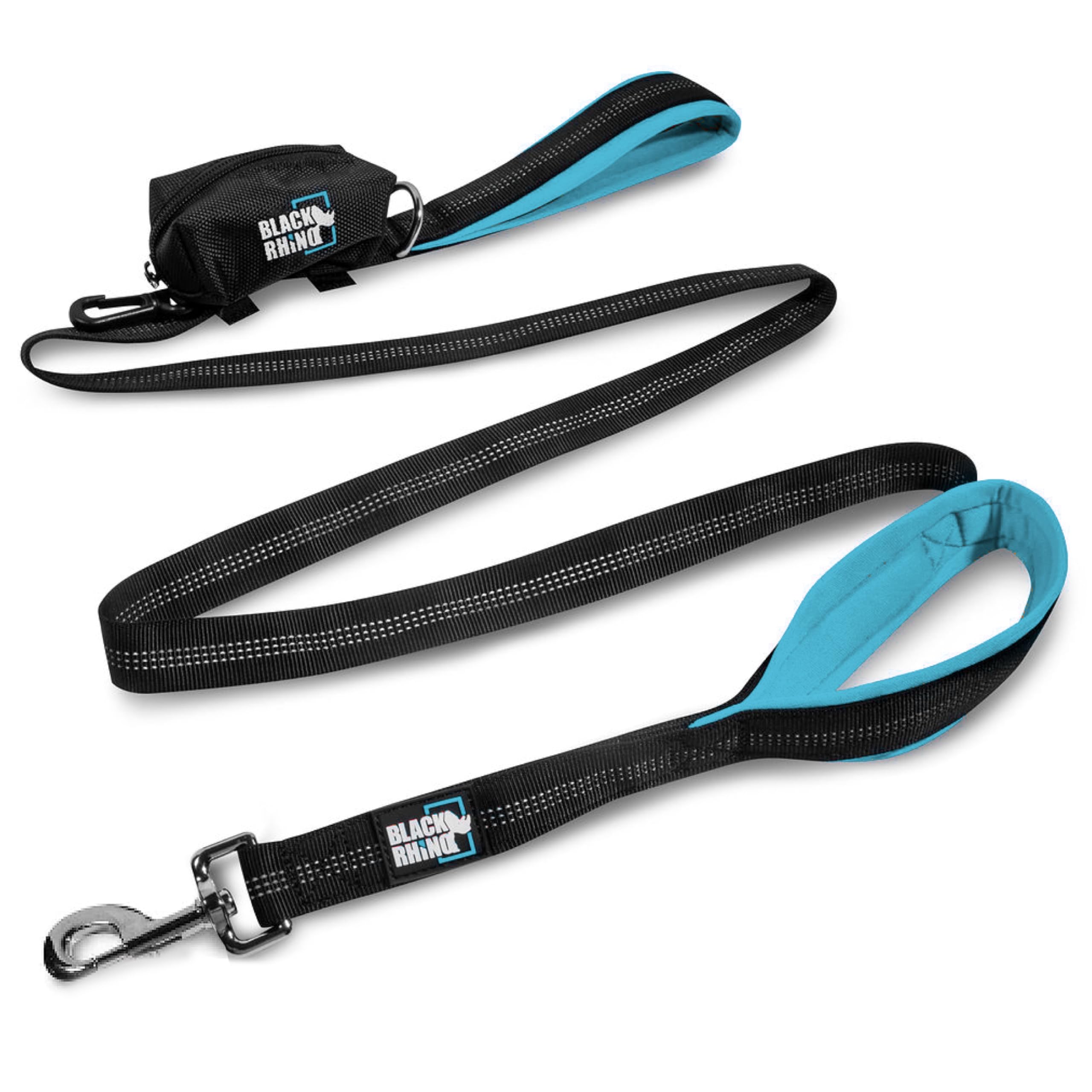 Black Rhino Heavy Duty Dog Leash for Medium and Large Dogs - 6 ft Long Double Handle Leash with Padded Traffic Control Handles and Bag - Reflective, Durable, and Weather Resistant (Sport Blue)