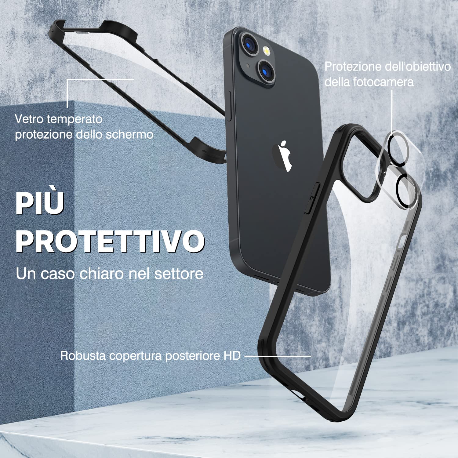 CENHUFO Cover iPhone 13, con Protezione Schermo Vetro Temperato Integrata e Pellicola Fotocamera [9H HD] 360 Gradi Antiurto Trasparente Case Fronte Retro Doppia Faccia Custodia per iPhone 13 -Nero