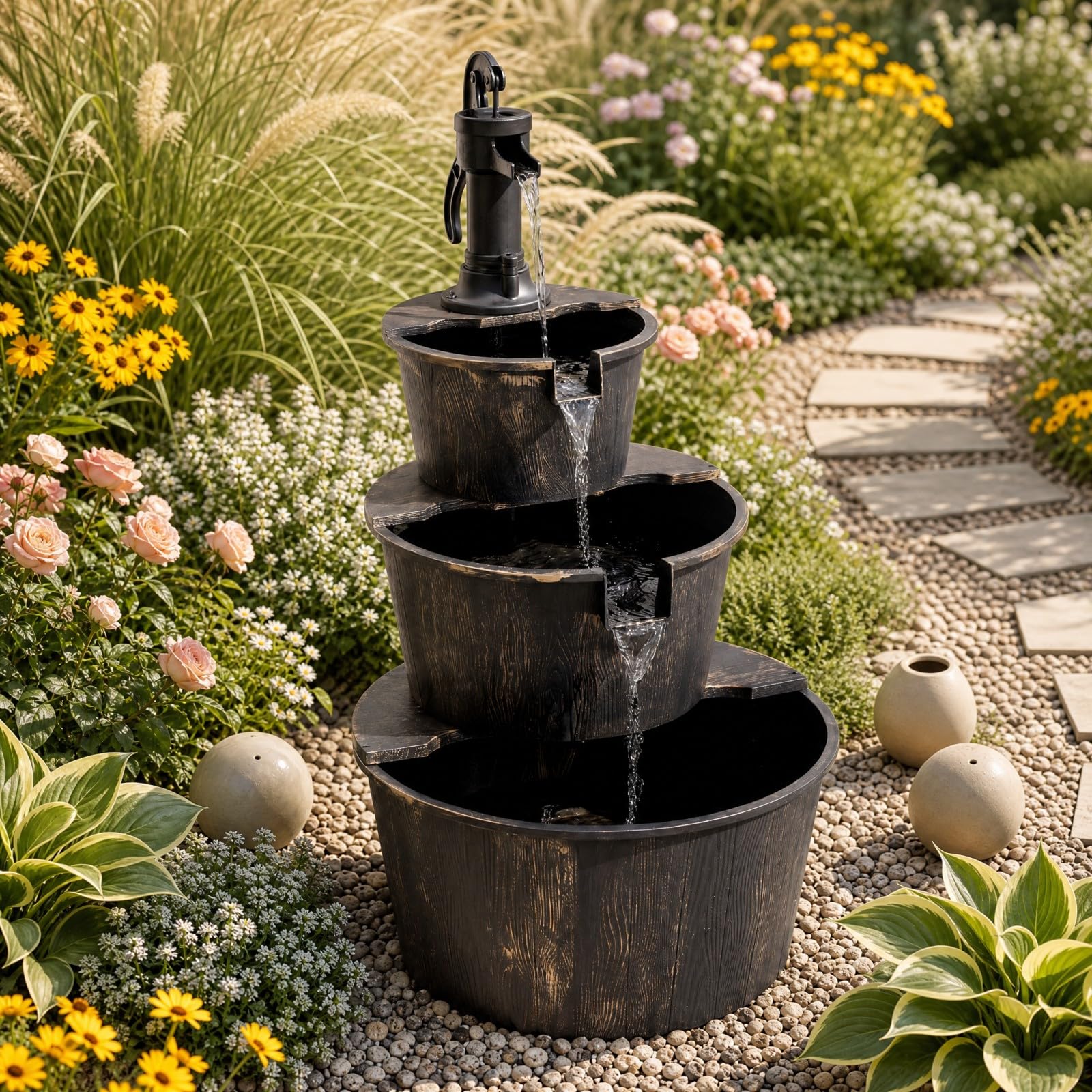 HOMASIS Fontana Decorativa da Giardino a 3 Livelli con Pompa Silenziosa | Fontanella a Cascata da Esterno in Stile Rustico con Velocità Regolabile per Balcone e Terrazza, Bronzo Antico, 52x60x92,5 cm