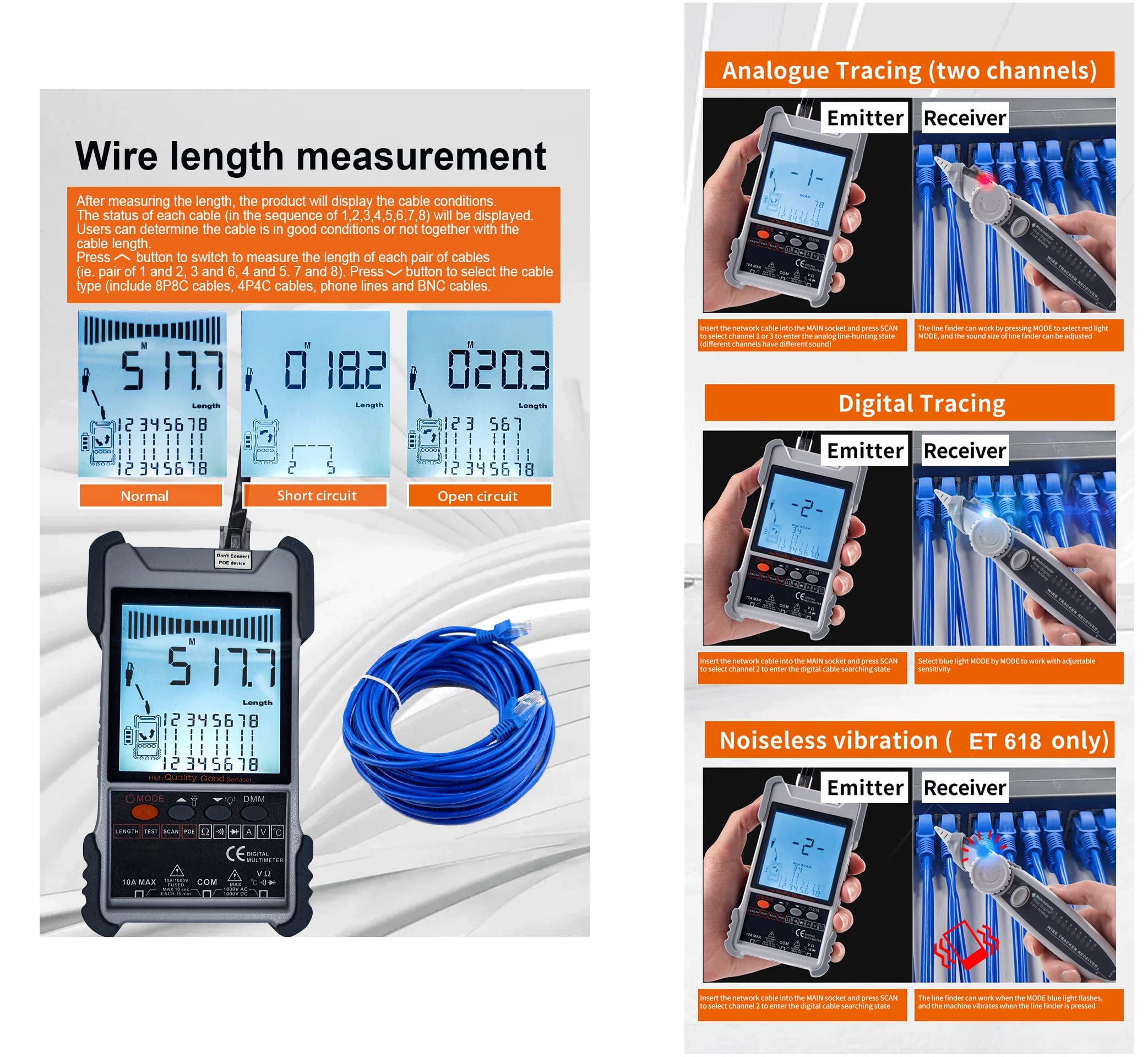 Kalea-Informatique Probador Profesional Digital LCD Red RJ45 RJ11 y Multímetro: Cartografía, Continuidad, Longitud, PoE, Tensión, Localización, Antorcha, Tensión Corriente Corriente AC DC, | Comprobador de red RJ45/RJ11 con multímetro integrado, medición