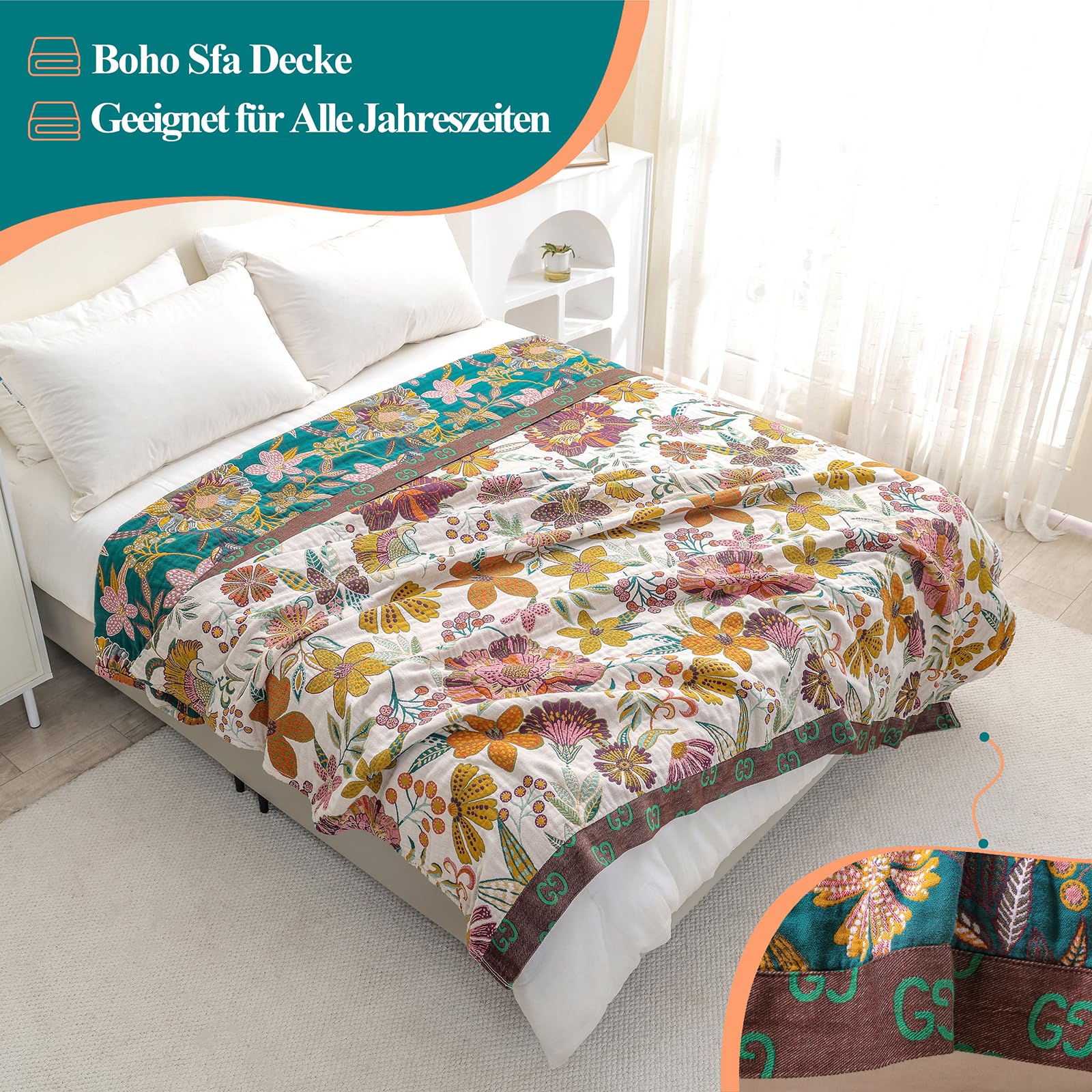 HOORDRY Baumwolldecke Tagesdecke, 4-Lagige Vorgewaschene Boho Bettüberwurf, Atmungsaktive Weiche Musselin Decke, Ideal für Couch Überwurf und Alle Jahreszeiten, 150x200 cm