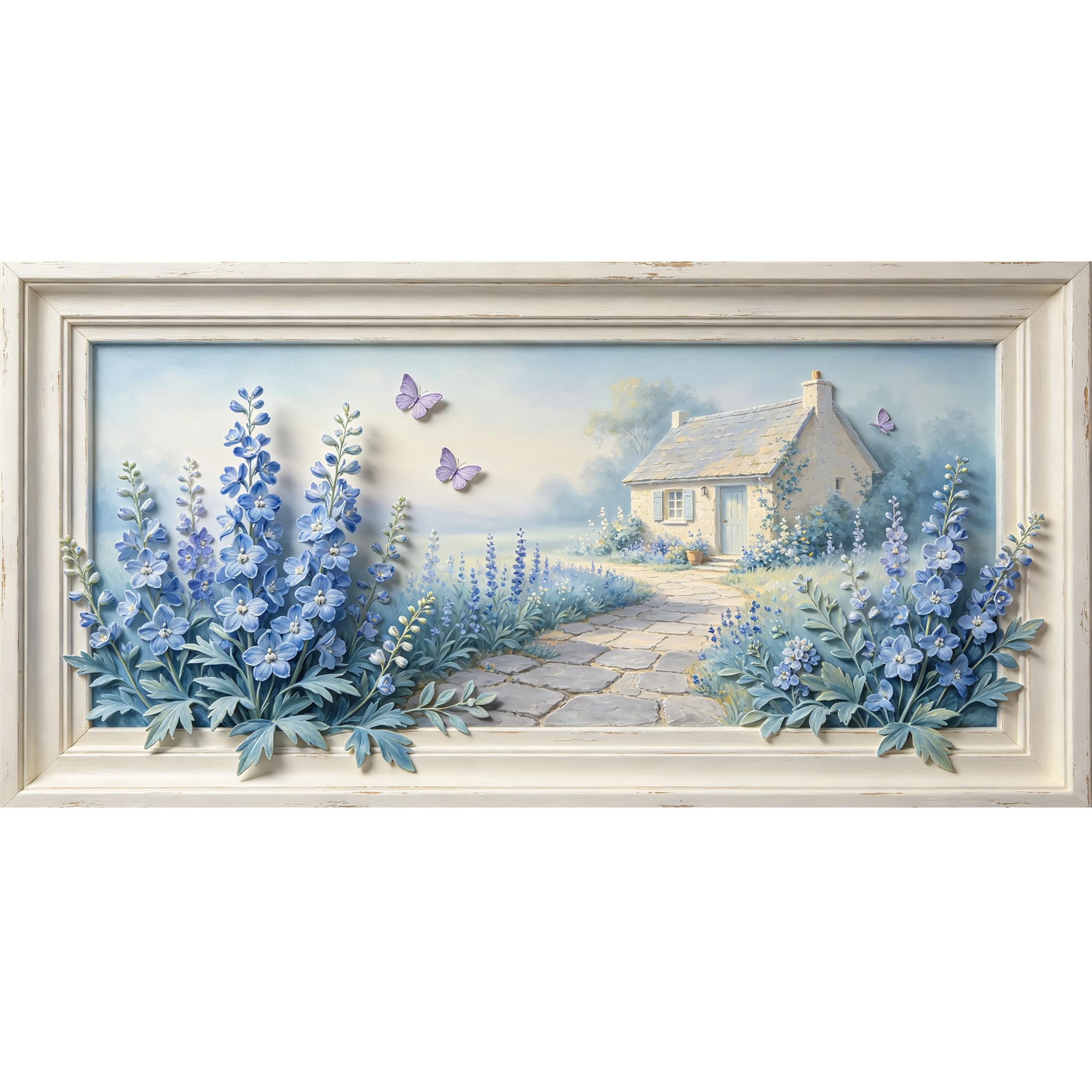 Agglomerix 3D Framed Wall Art Blue Delphinium Cottage Path Butterfly Landscape Botanical Relief Effect Large Size Self-Adhesive Removable Wall Decor Prints Artwork for Living Room Bedroom Office