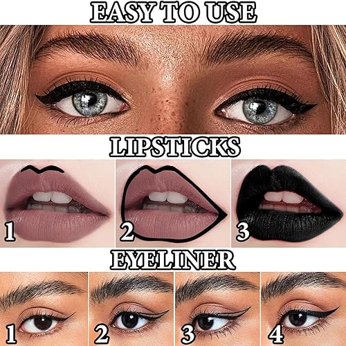 Miniatura 6 de Juego de 2 delineadores de labios negros y lápiz labial, lápiz labial líquido negro mate, a prueba de manchas, antiadherente, de larga duración,