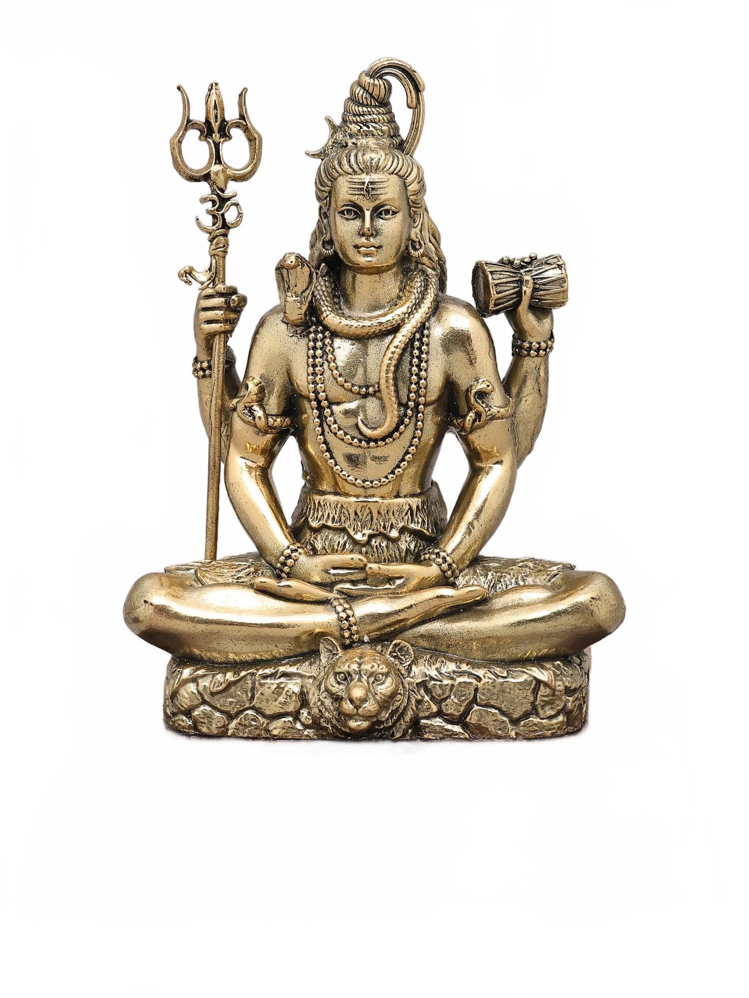 Exotic India 6" Superfine Chaturbhuja Lord Shiva Brass Statue with Wood Base Idol for Puja Mandir Room, Home, Office, Table Décor