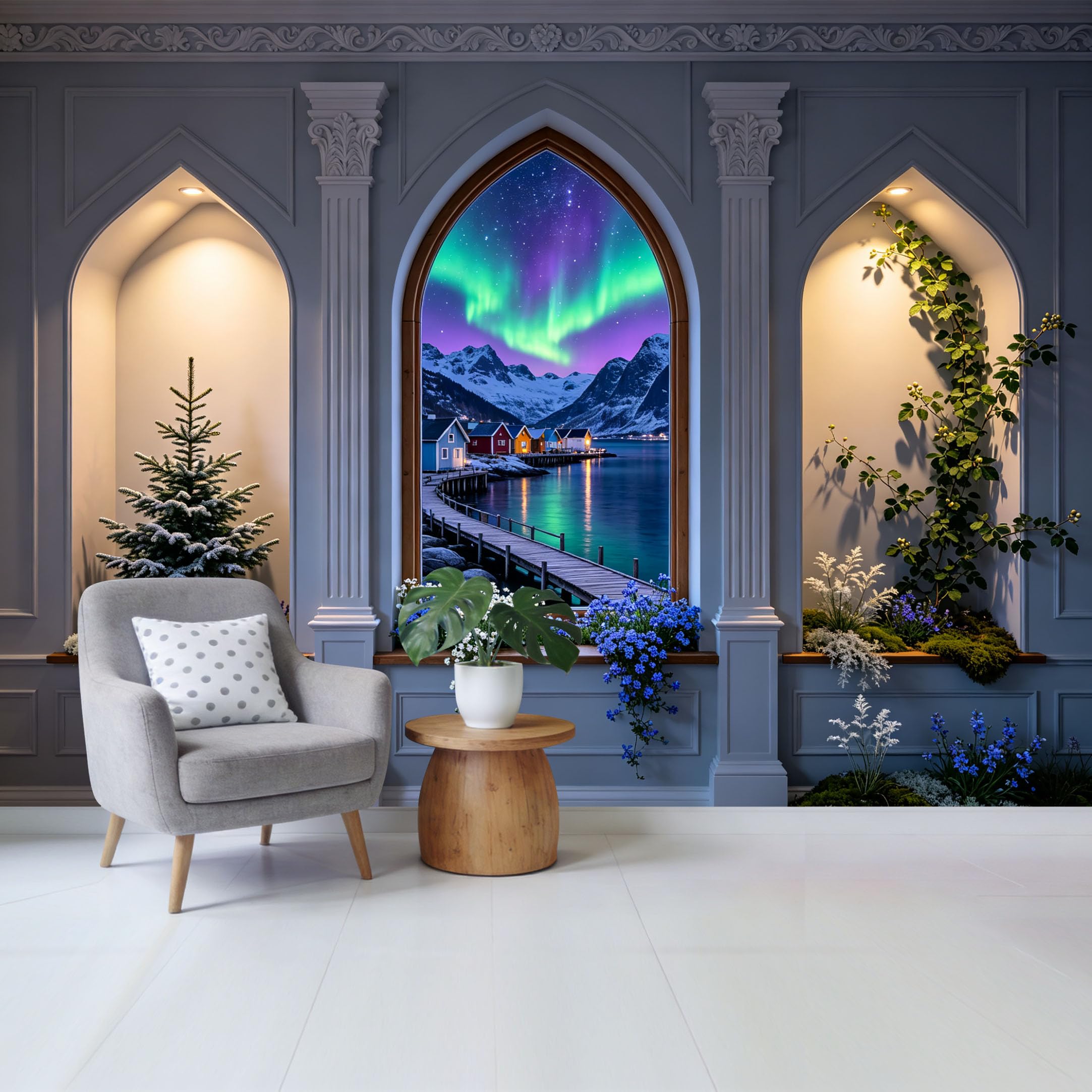 Custom Size Wall Mural Nordic Aurora Borealis Mountain Lake View Trompe l’oeil Window Scene Removable Self Adhesive Fabric Home Wall Decor for Living Room Bedroom Bathroom