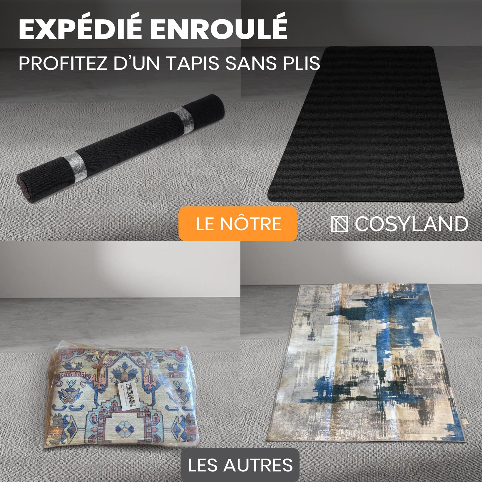 COSYLAND Tapis de protection antidérapant pour sols durs - 90x120 cm - Bruit amorti - Noir