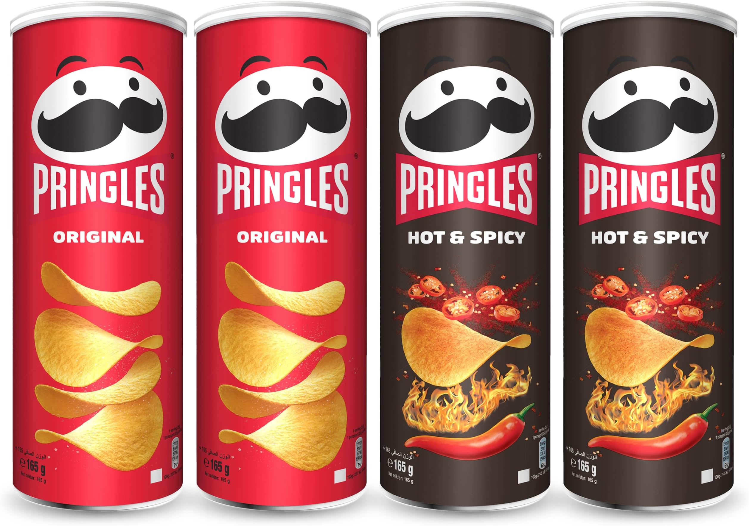 Pringles Original Flavored Chips 2 Cans Plus Pringles Hot & Spicy Flavored Chips 2 Cans, 165 grams, (Pack of 4 cans)