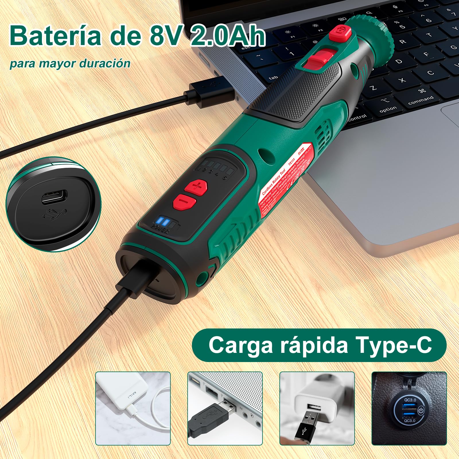 HYCHIKA Herramienta rotativa inalámbrica 8V 2,0Ah batería más grande, 5 velocidades max 30000 RPM, kit 145 accesorios con afilador de cadenas y luz LED, para lijado, pulido, corte, taladrado, grabado