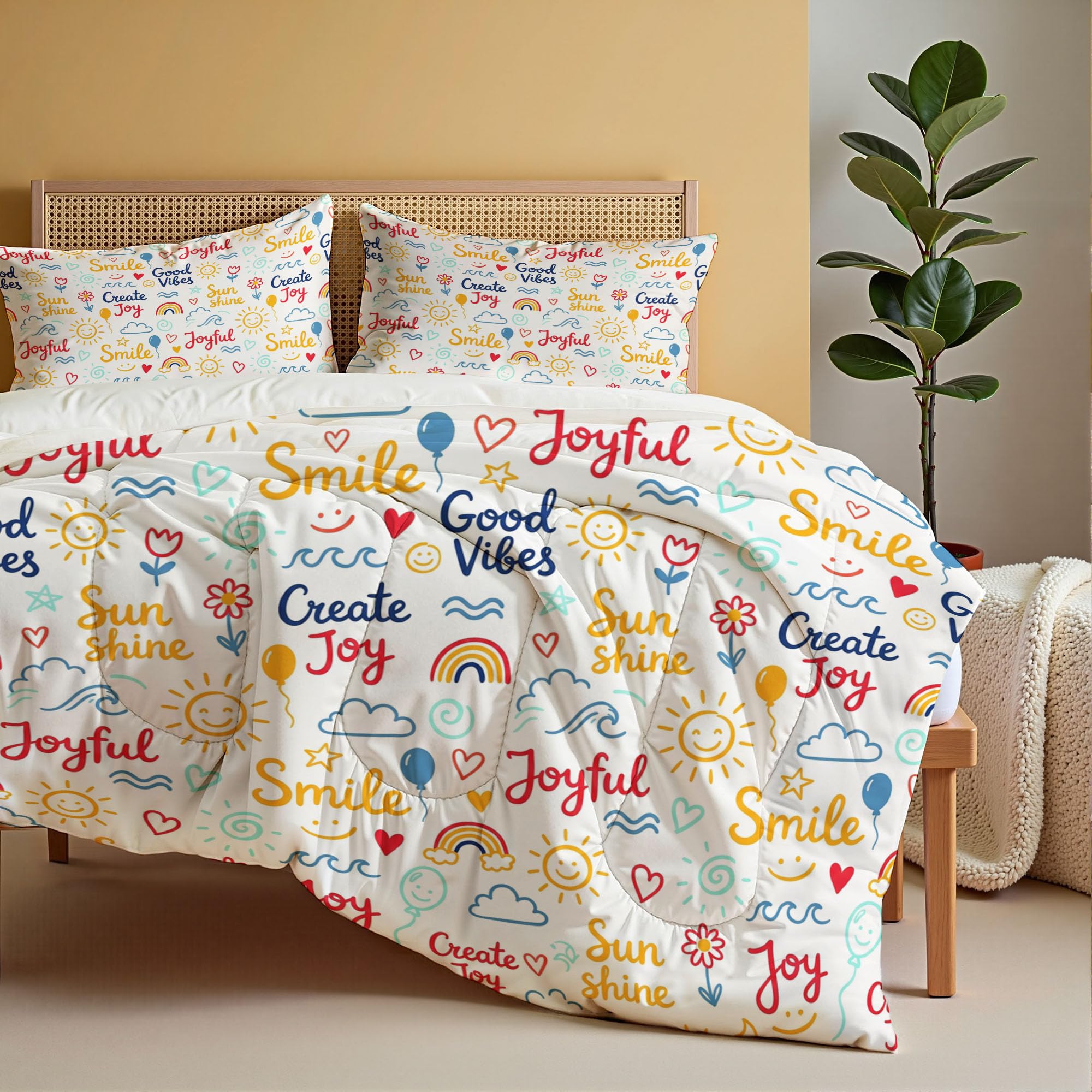 Citazioni Motivazionali Piumone Matrimoniale 200x200cm Reversibile Trapuntino Copriletto Leggera Graffiti Sole Nuvole Coperta Trapuntatura Morbido Alternativo in Piuma con Federe, Bianco