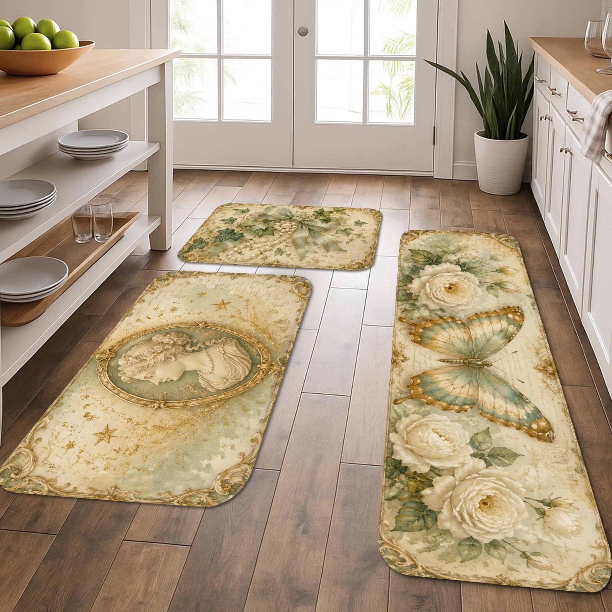 Tapis de cuisine vintage haut de gamme lavable motif papillon beige confortable