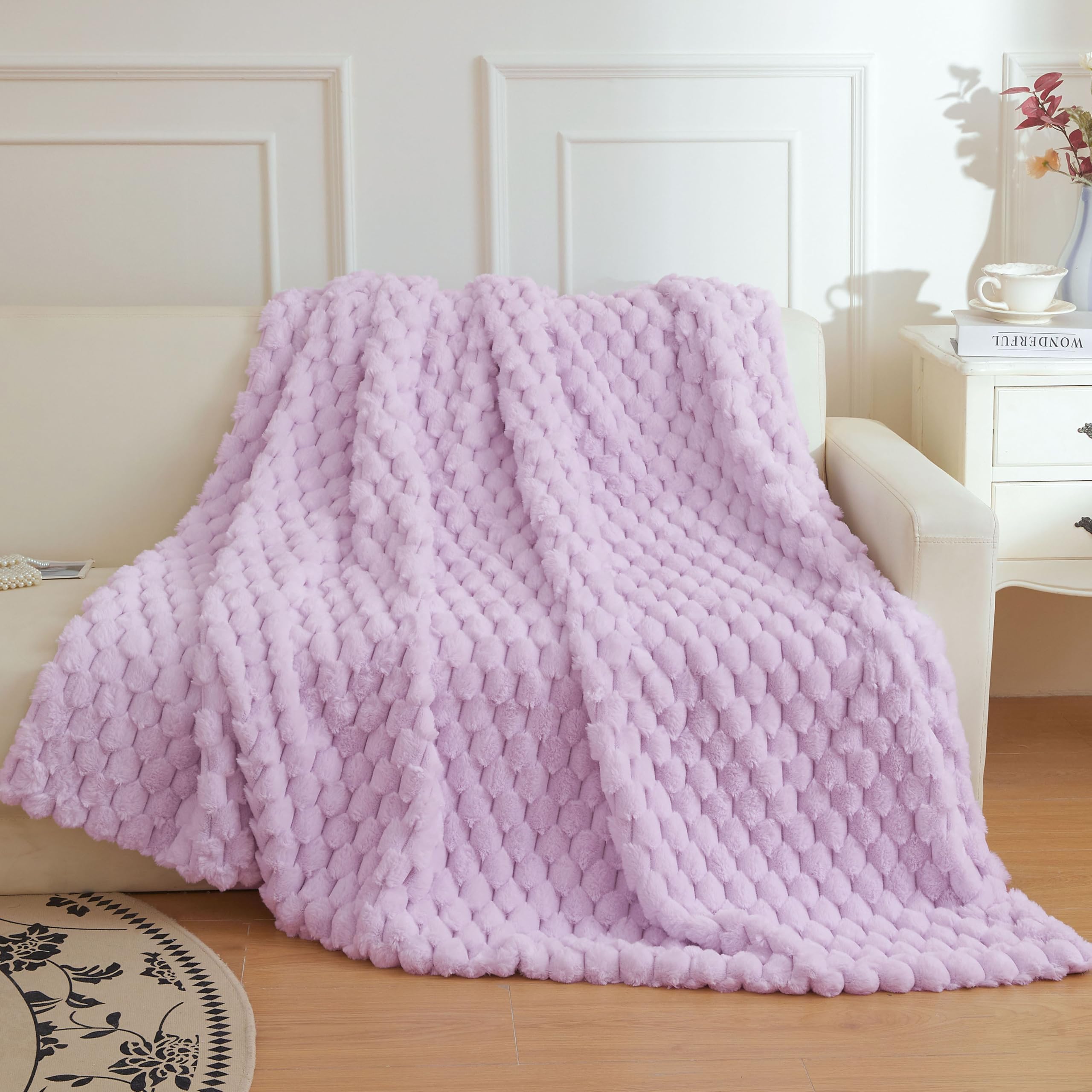 XeGe Luxury Bubble Fluffy Faux Rabbit Fur Throw Blanket 130x150cm, Lavender