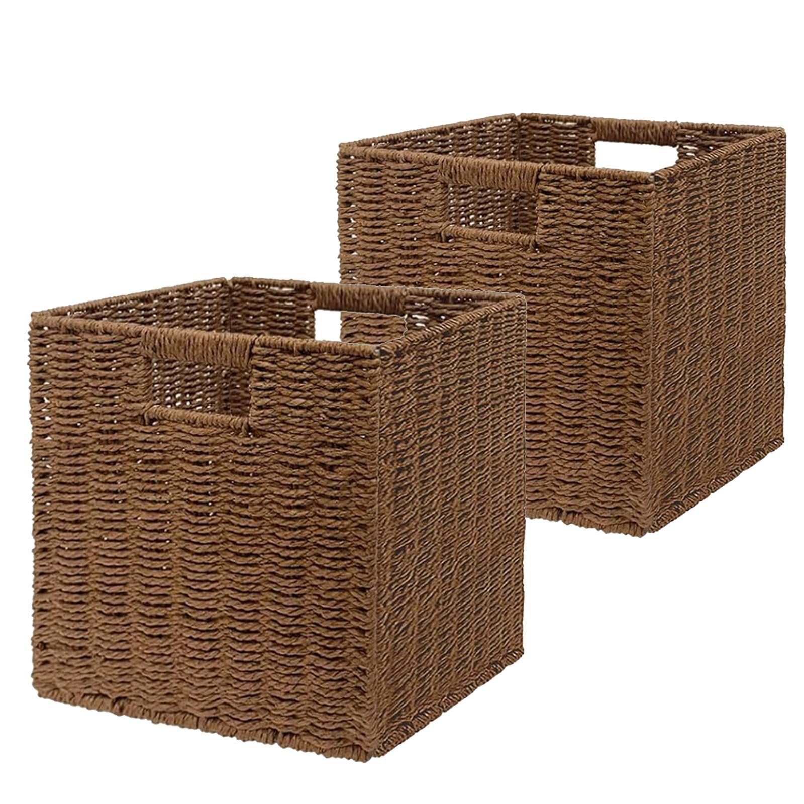 2 Cestas de Almacenaje, Cesta Mimbre Tejidas a Mano Cubo 28CM, Cesta Grande Plegable de Papel de Jacinto de Agua con Asas, Cesto Decorativo para Baño Estanterías Kallax Cocina Marrón