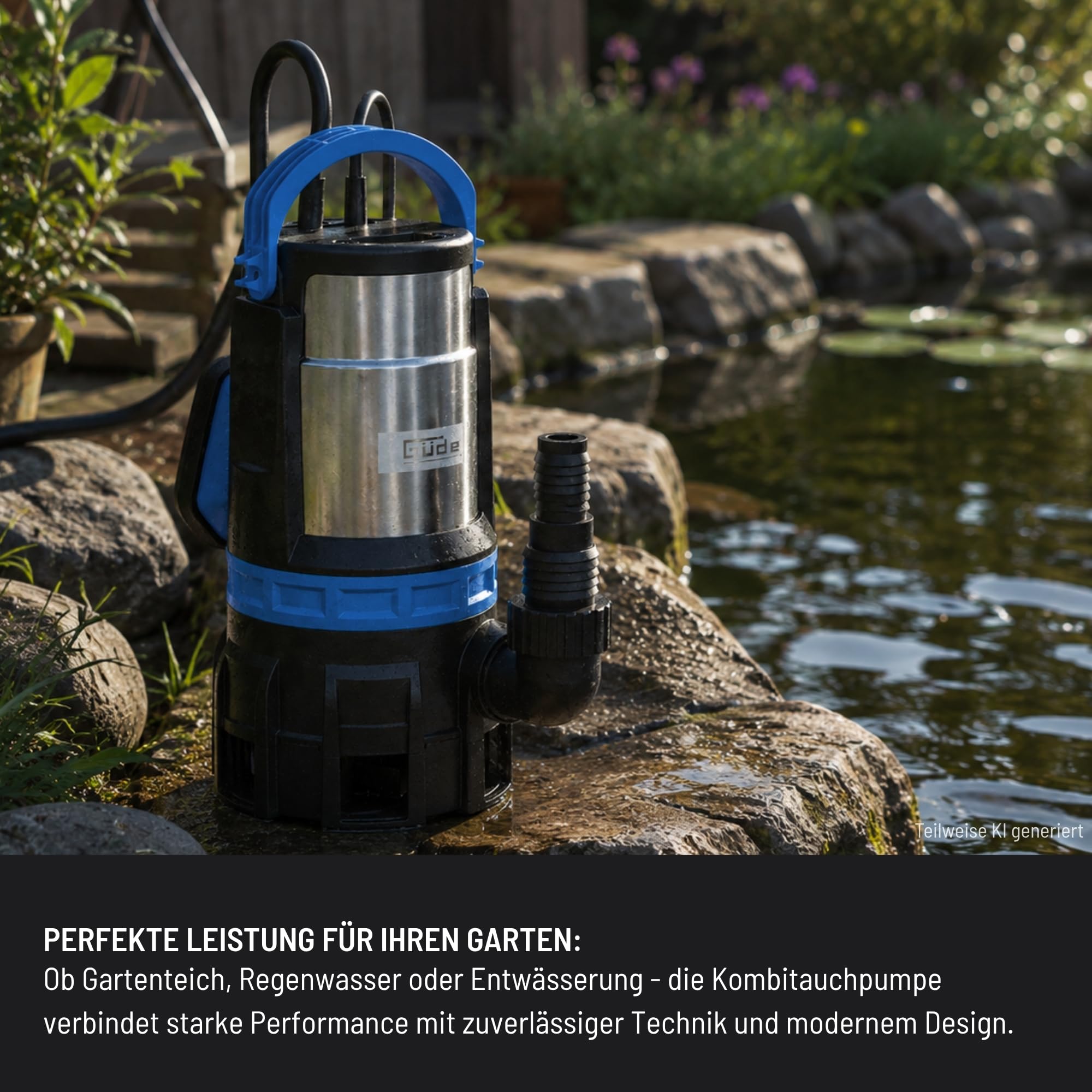 Güde 94600 Kombitauchpumpe GS 750.1 2in1 (750 W, 16.500l/h, max. Förderhöhe 9 m, max. Eintauchtiefe 7 m), Blau, Schwarz