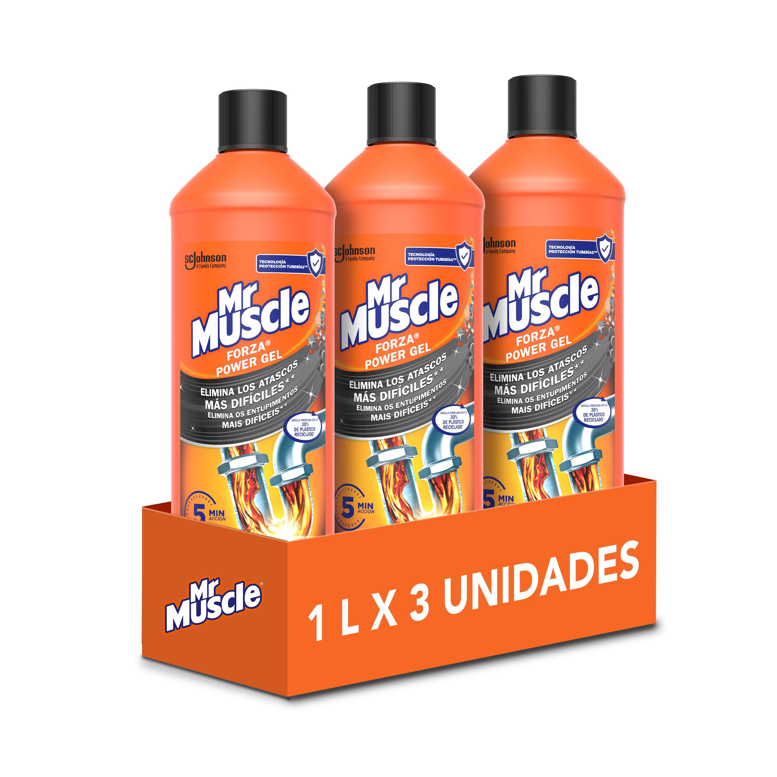 Mr Muscle Forza Power Gel, desatascador para Tubos y desagües, Seguro para los Tubos – Formato de 3 Unidades de 1 L