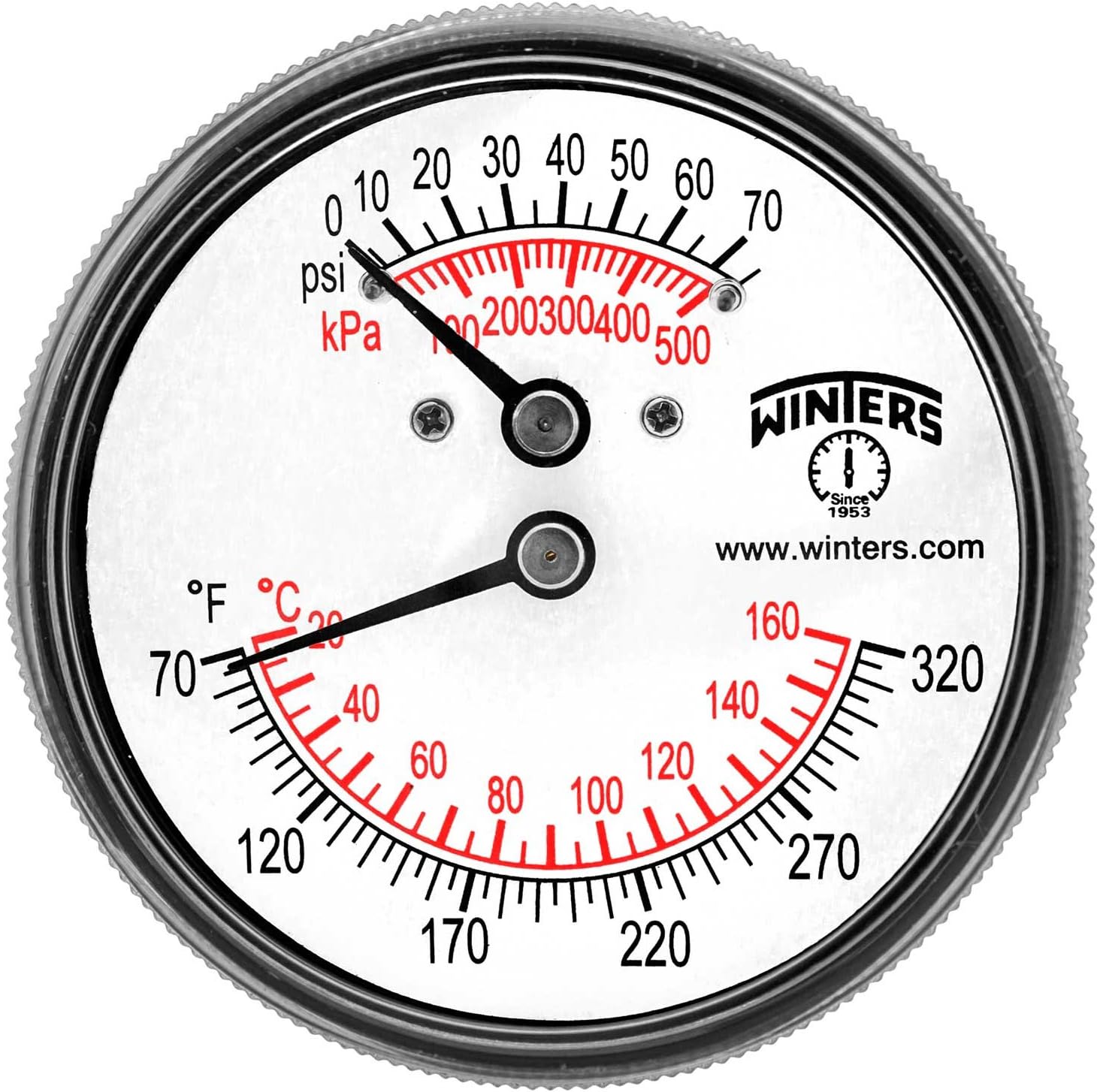 Winters TTD Series Steel Dual Scale Tridicator Thermometer with 2" Stem, 0-75psi/kpa, 2-1/2" Dial Display, ±3-2-3% Accuracy, 1/4" NPT Back Mount, 70-320 Deg F/C