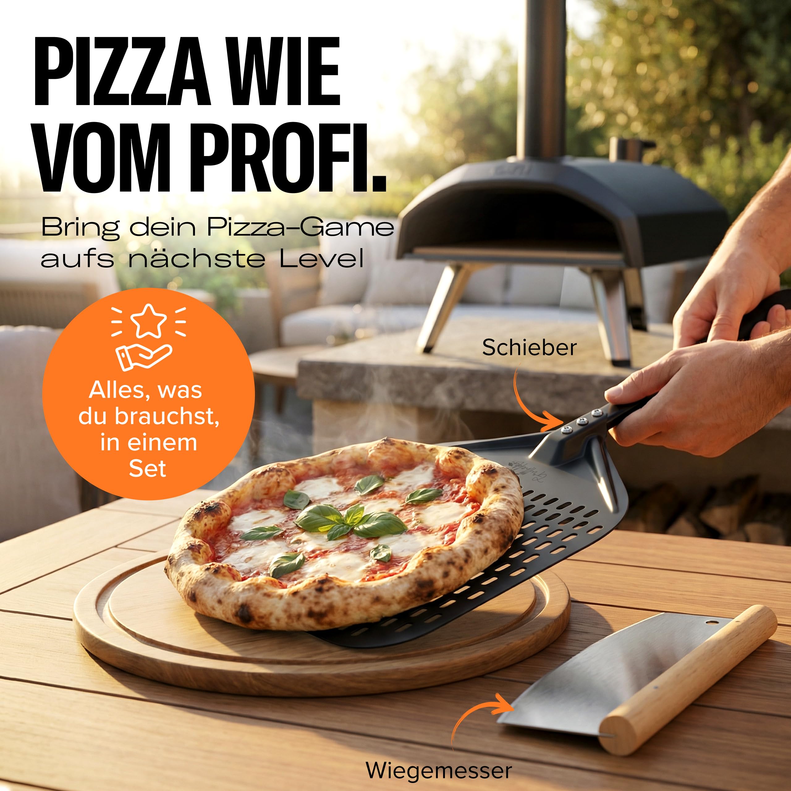 Pizzaschieber Set mit Pizzaschneider - großer perforierter Pizzaschieber mit Antihaft-Beschichtung - Pizzamesser Wiegemesser mit Holzgriff - Pizza Zubehör für Backofen und Pizzaofen