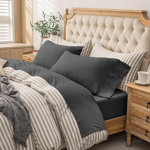 Miniatura 10 de PURE ERA Juego de sábanas de punto de jersey de 4 piezas, 100% algodón, súper suave, cómodo, transpirable, se adapta a colchones de hasta 20